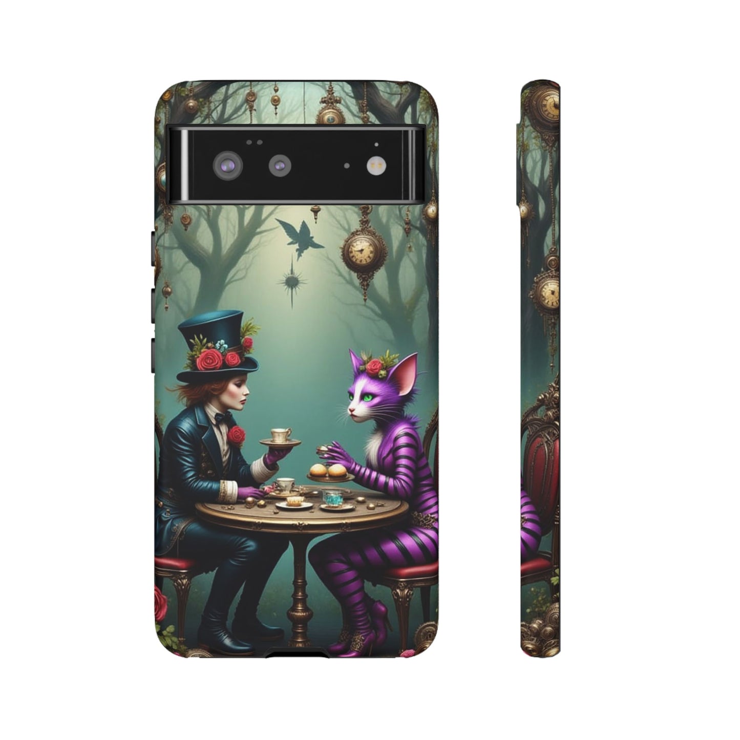 Whimsical Phone Case with Cat and Mad Hatter Design, Perfect for Gifting, Fantasy Lovers, Tea Party Theme, Tough Cases