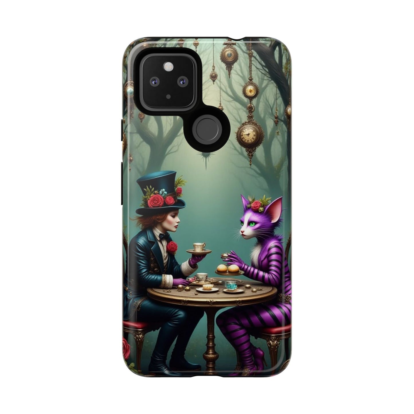 Whimsical Phone Case with Cat and Mad Hatter Design, Perfect for Gifting, Fantasy Lovers, Tea Party Theme, Tough Cases
