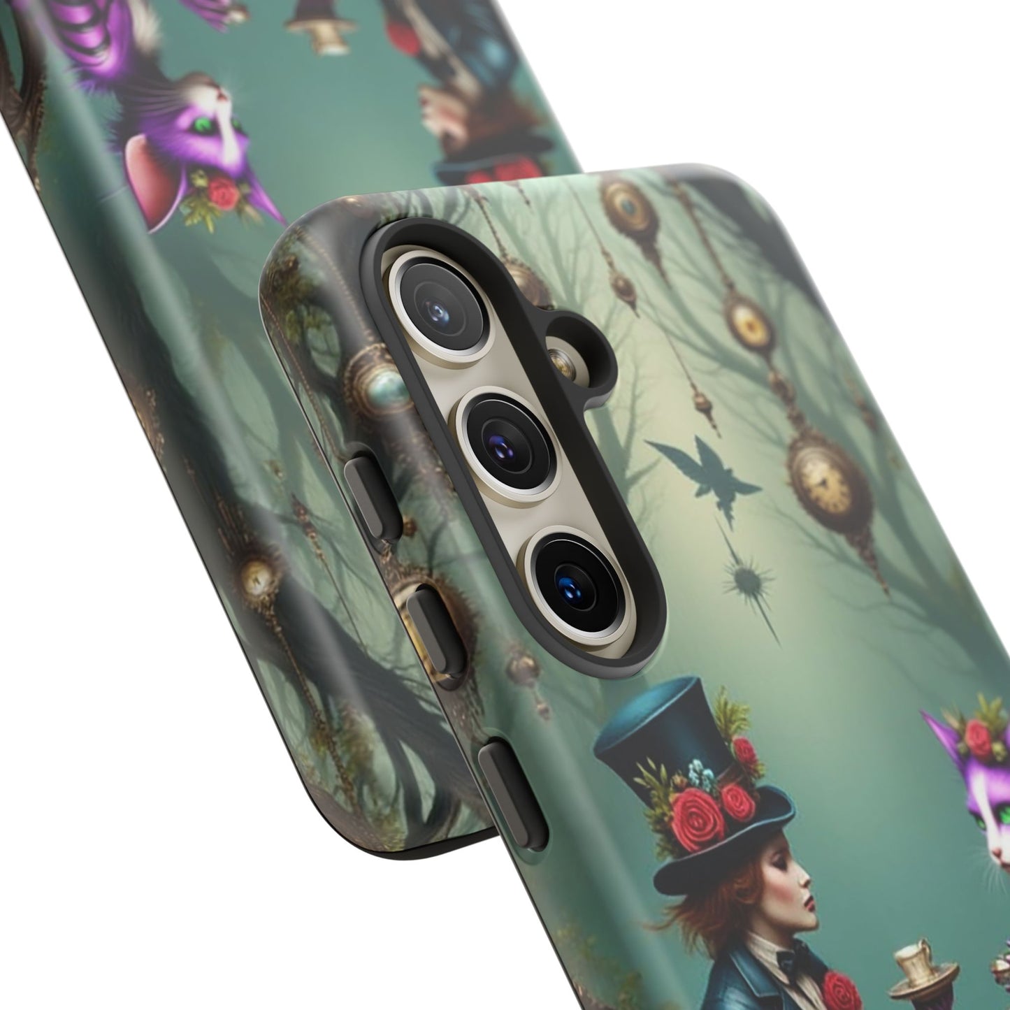 Whimsical Phone Case with Cat and Mad Hatter Design, Perfect for Gifting, Fantasy Lovers, Tea Party Theme, Tough Cases