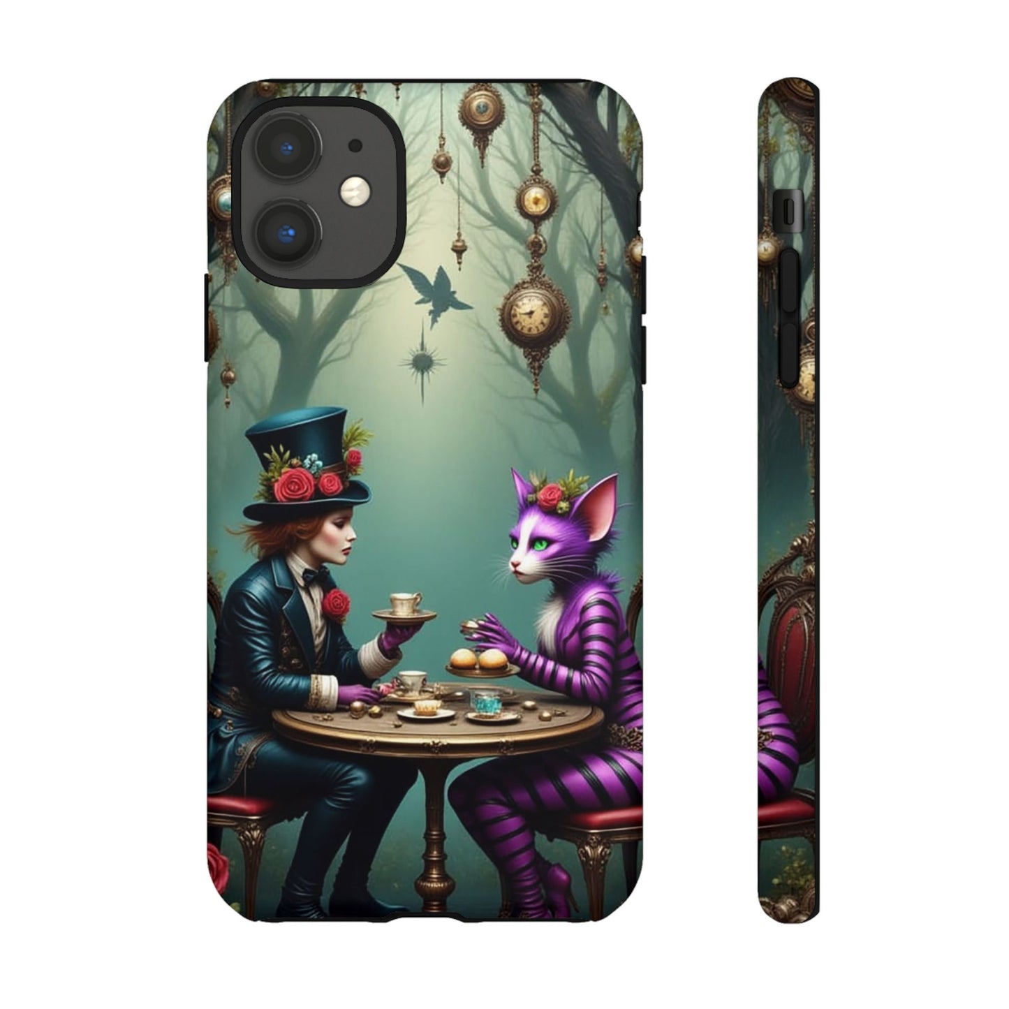 Whimsical Phone Case with Cat and Mad Hatter Design, Perfect for Gifting, Fantasy Lovers, Tea Party Theme, Tough Cases