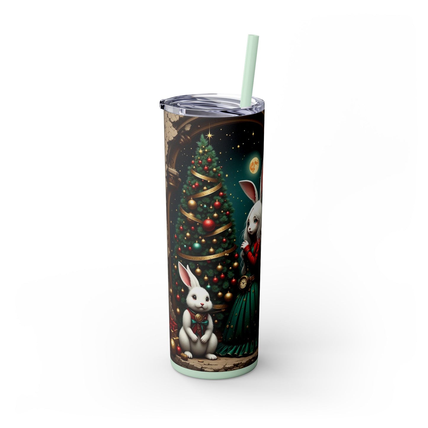 Christmas Rabbit Tumbler, 20oz Skinny Tumbler with Straw, Holiday Drinkware, Cute Bunny Decor, Winter Gift for Dog Lovers, Festive Cup