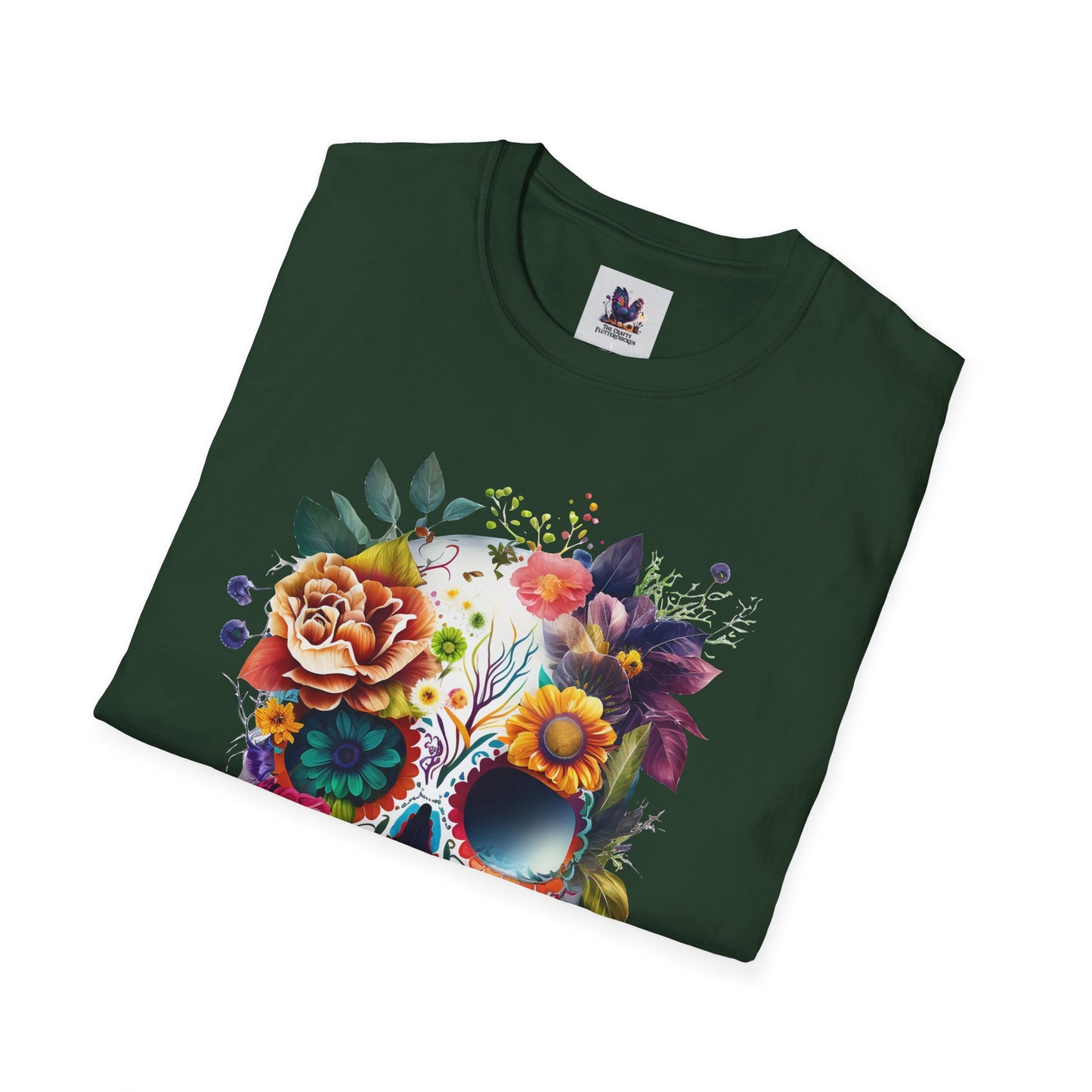 Colorful Sugar Skull with Flowers Art Unisex Softstyle T-Shirt, Colorful Tee, Cute Graphic Shirt