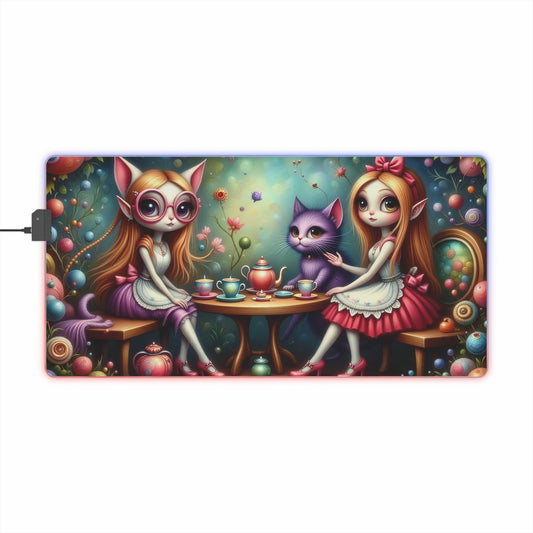 LED Whimsical Gaming Mouse Pad Featuring Playful Fairies and Cat, Alice in Wonderland theme