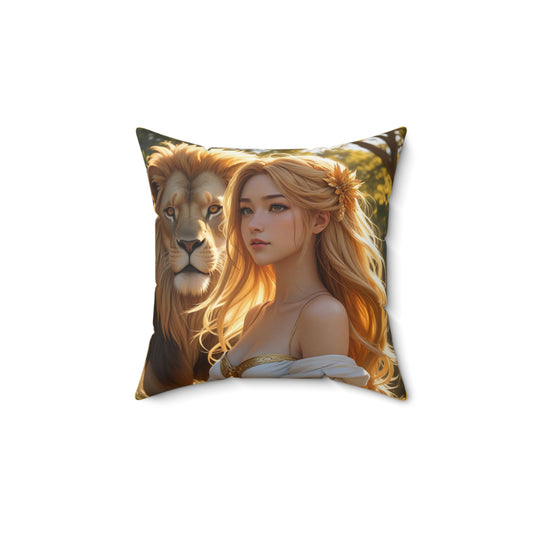 Zodiac Leo, Lion and Woman Art Pillow, Decorative Throw Cushion, Bohemian Home Decor, Gift for Animal Lovers, Living Room Accent