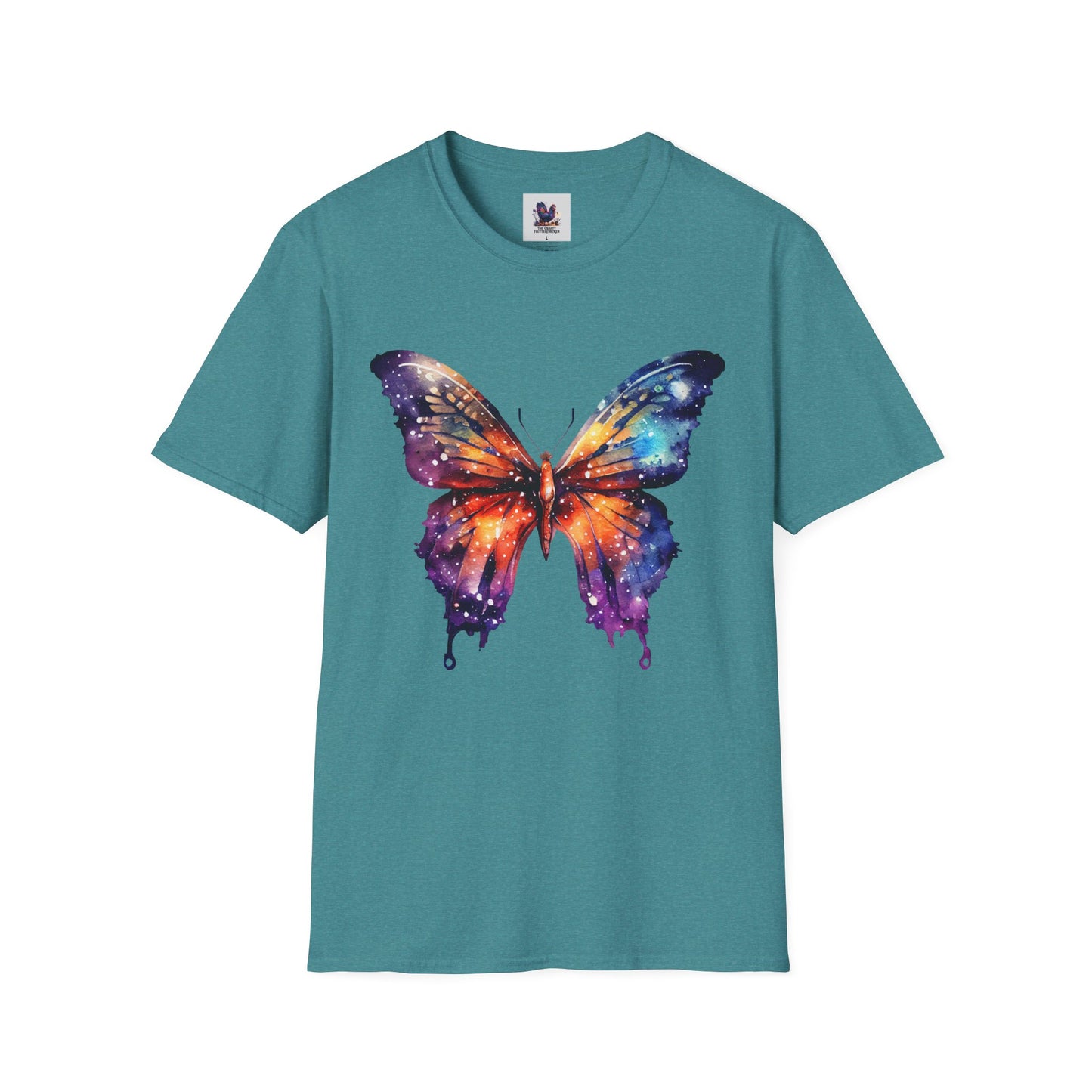 Colorful Space Butterfly Art Unisex Softstyle T-Shirt, Colorful Tee, Nature-Inspired Apparel, Cute Graphic Shirt