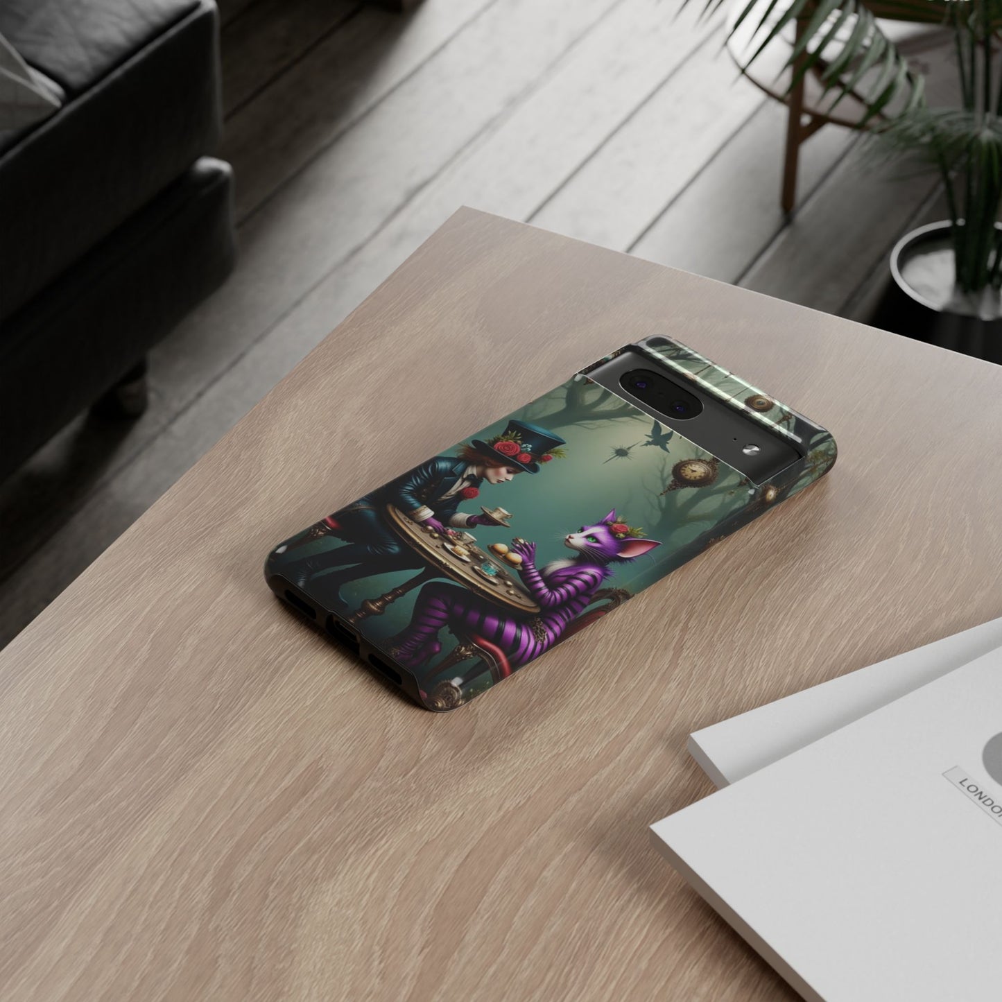 Whimsical Phone Case with Cat and Mad Hatter Design, Perfect for Gifting, Fantasy Lovers, Tea Party Theme, Tough Cases