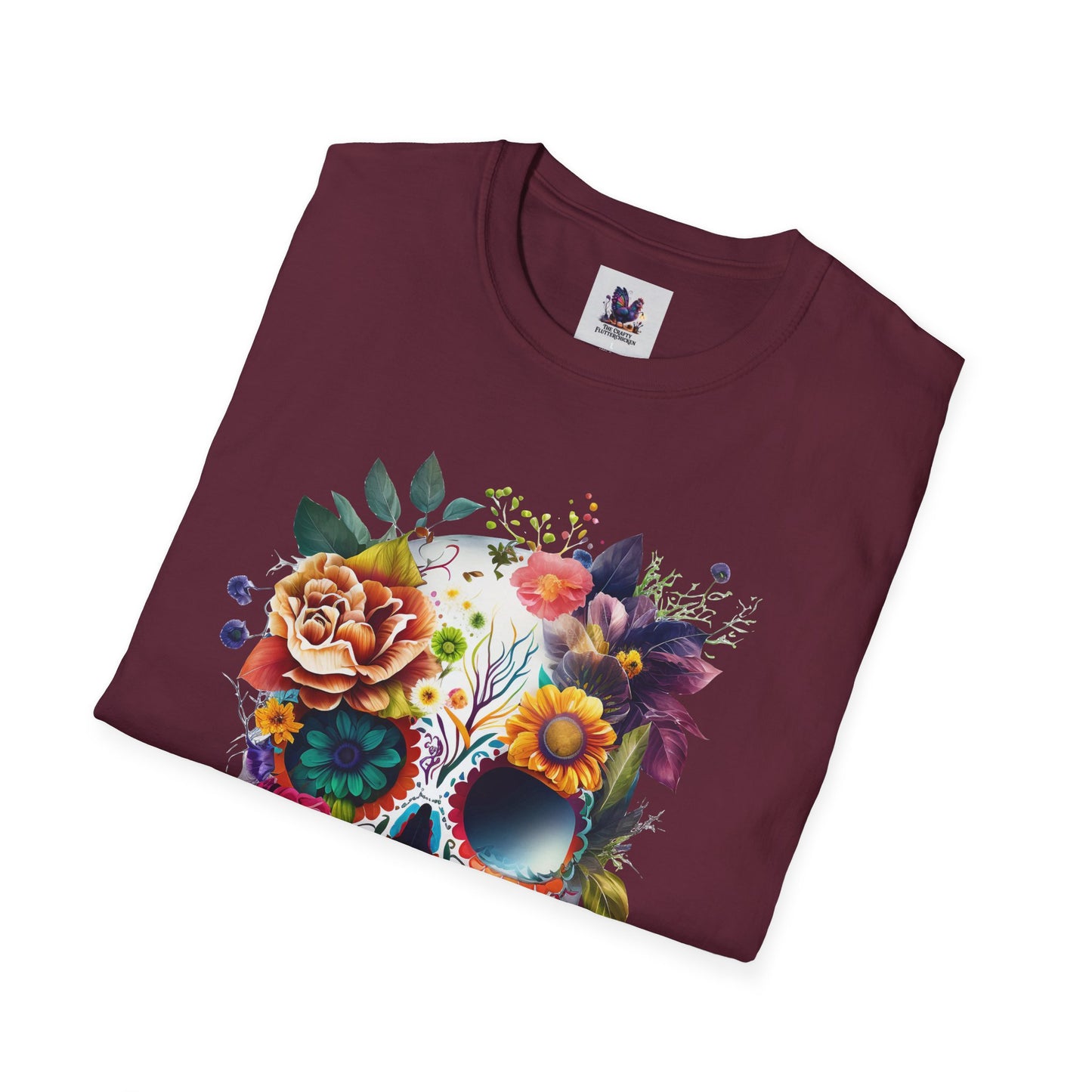 Colorful Sugar Skull with Flowers Art Unisex Softstyle T-Shirt, Colorful Tee, Cute Graphic Shirt