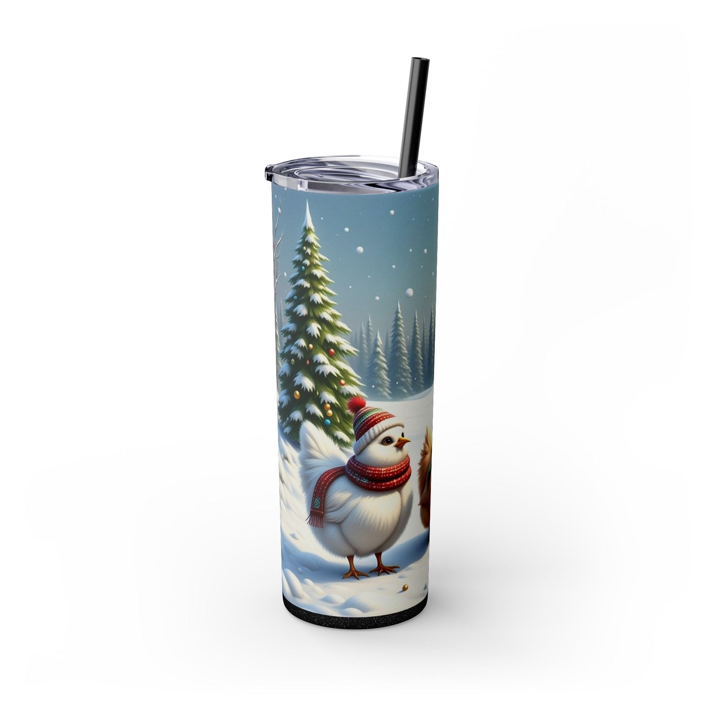 Winter Wonderland Skinny Tumbler with Straw, 20oz - Snowy Birds Design, Unique Holiday Gift, Christmas Chickens rinkware, Festive Travel Mug