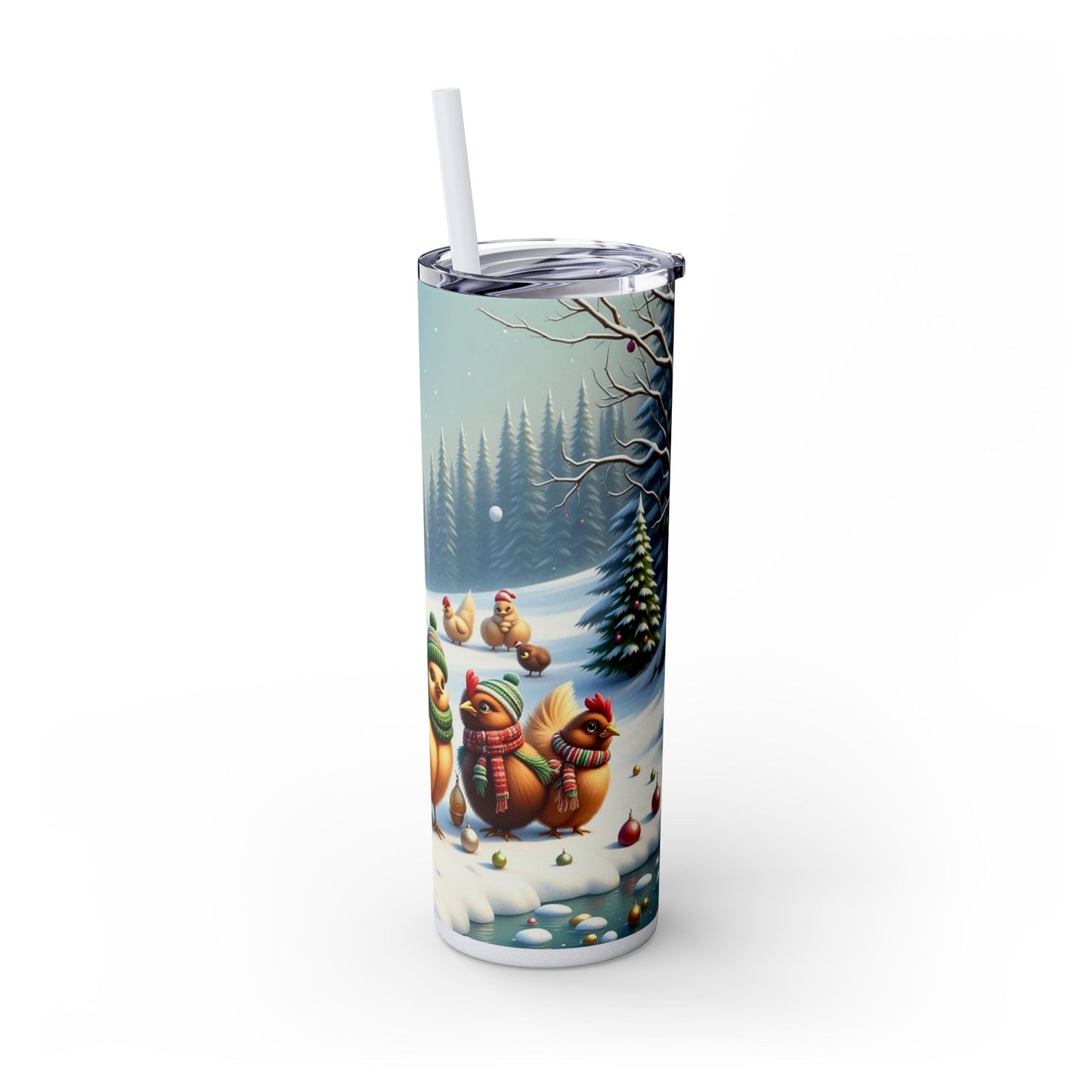 Winter Wonderland Skinny Tumbler with Straw, 20oz - Snowy Birds Design, Unique Holiday Gift, Christmas Chickens rinkware, Festive Travel Mug