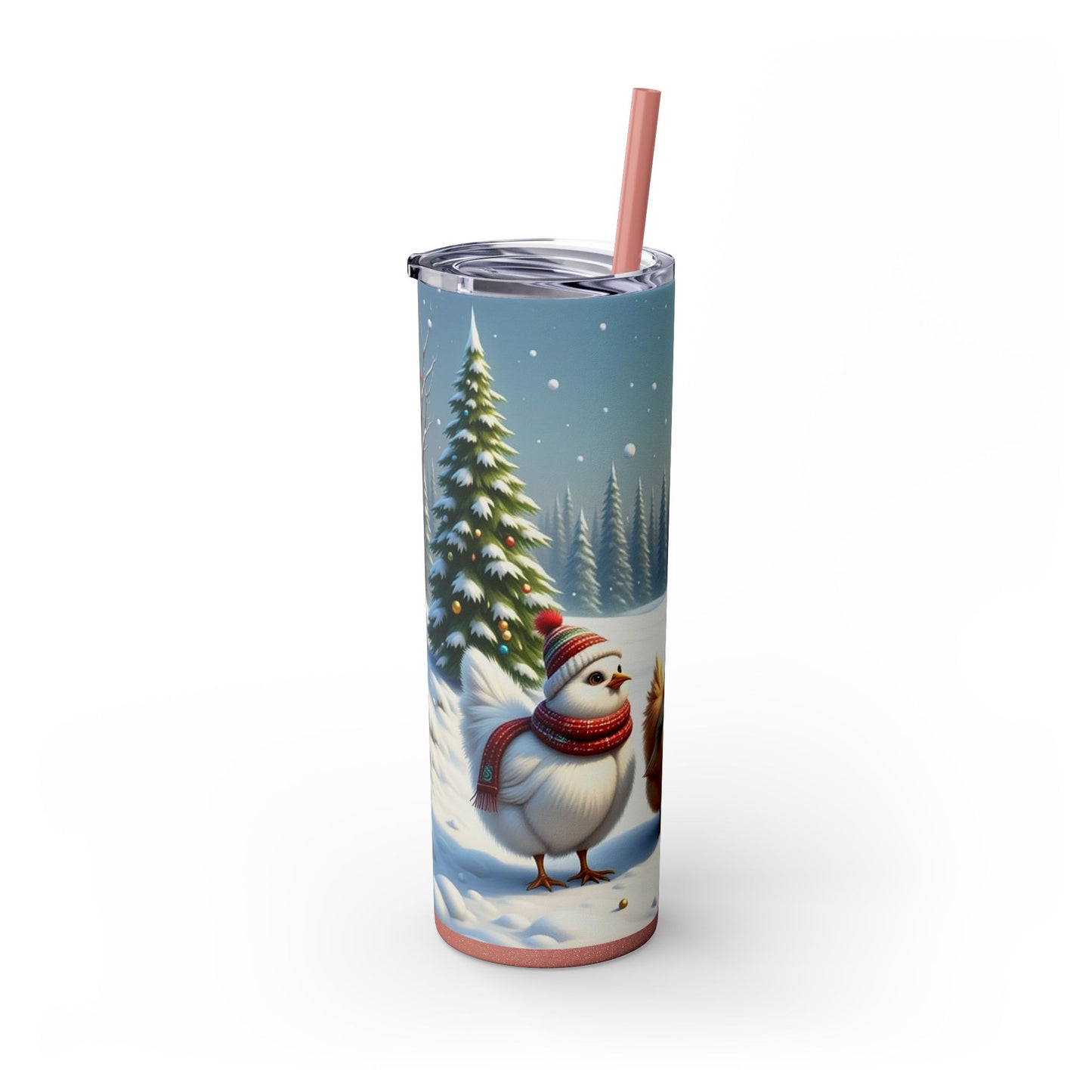 Winter Wonderland Skinny Tumbler with Straw, 20oz - Snowy Birds Design, Unique Holiday Gift, Christmas Chickens rinkware, Festive Travel Mug