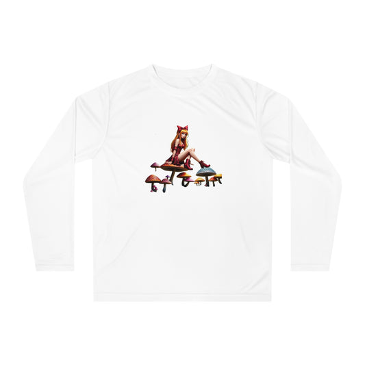 Fantasy Lady Long Sleeve Shirt with Mushroom Design, Fun Activewear, Gift for Nature Lovers, Sports Tee, Unique Casual Wear