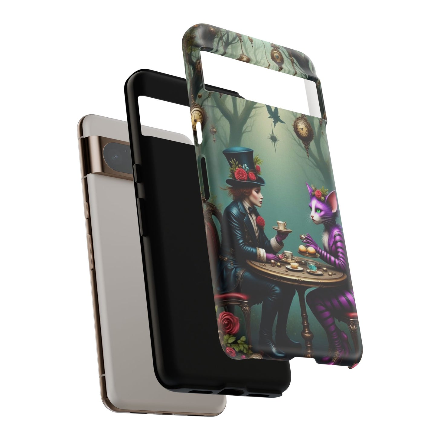 Whimsical Phone Case with Cat and Mad Hatter Design, Perfect for Gifting, Fantasy Lovers, Tea Party Theme, Tough Cases