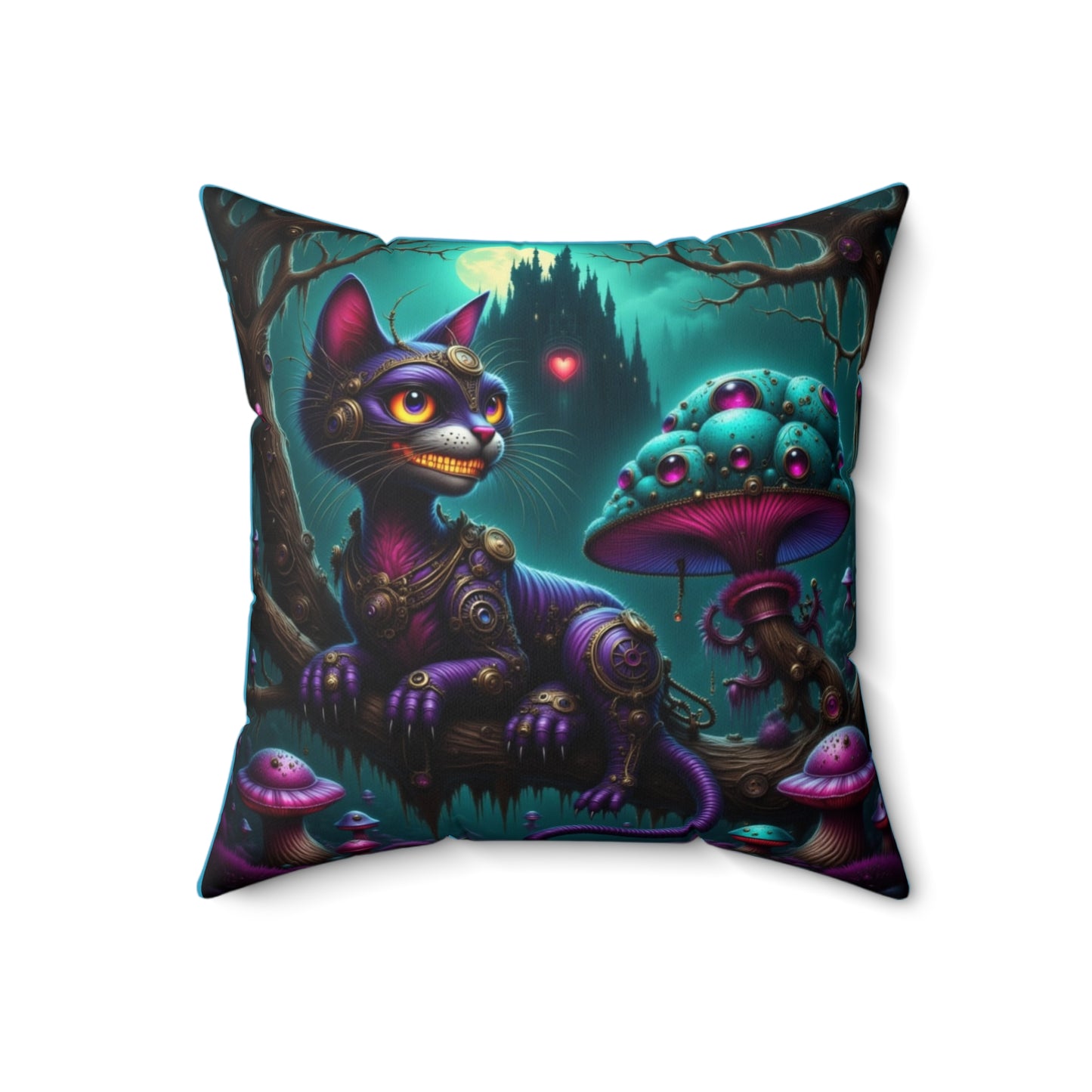 Whimsical Cheshire Cat Art Pillow, Cozy Home Decor, Gift for Cat Lovers, Fantasy Cushion, Magical Mushroom Accent Pillow