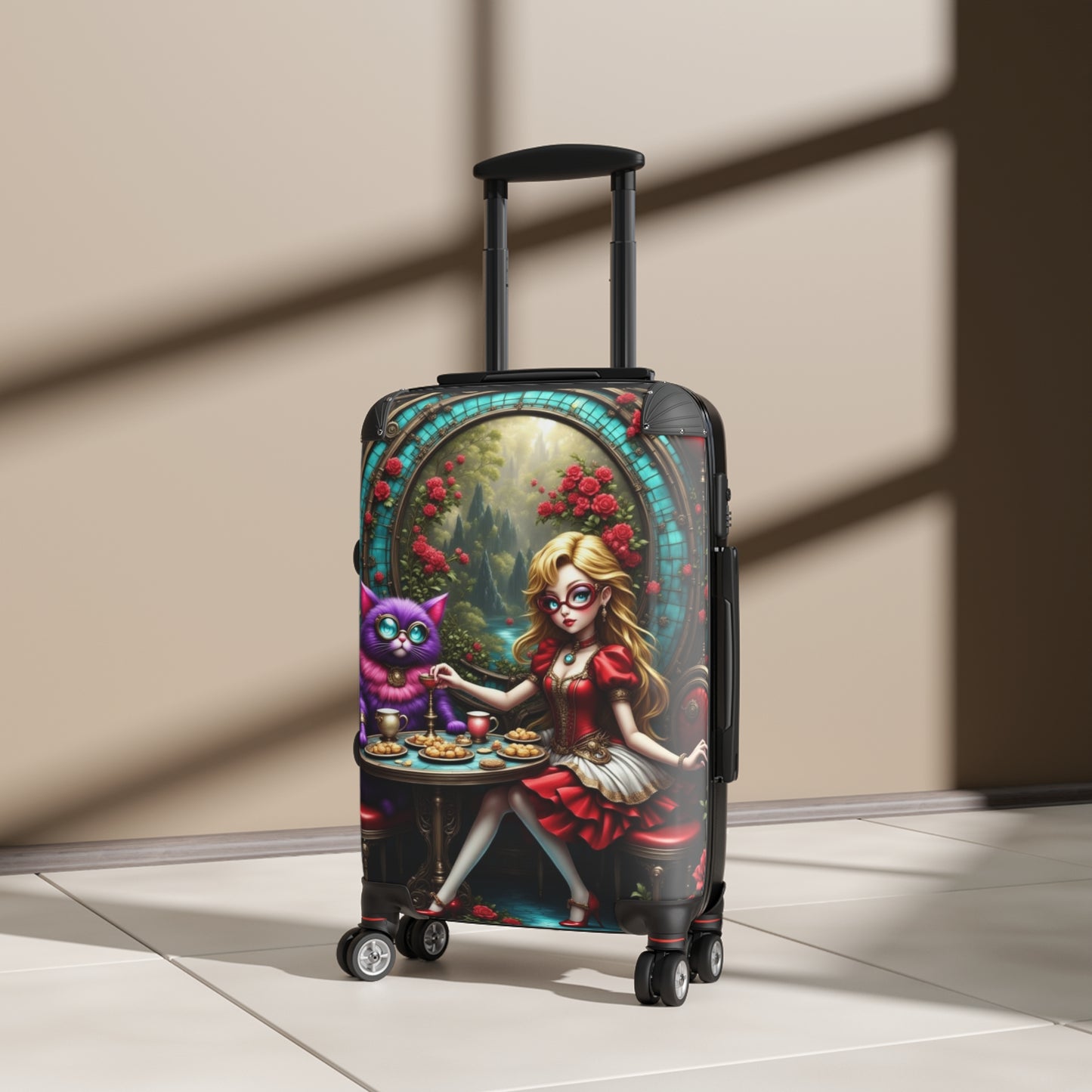 Alice in Wonderland Design, Whimsical Cat-Themed Suitcase, Carry-On Luggage, Travel Bag, Fun Vacation Accessory, Unique Gift Idea