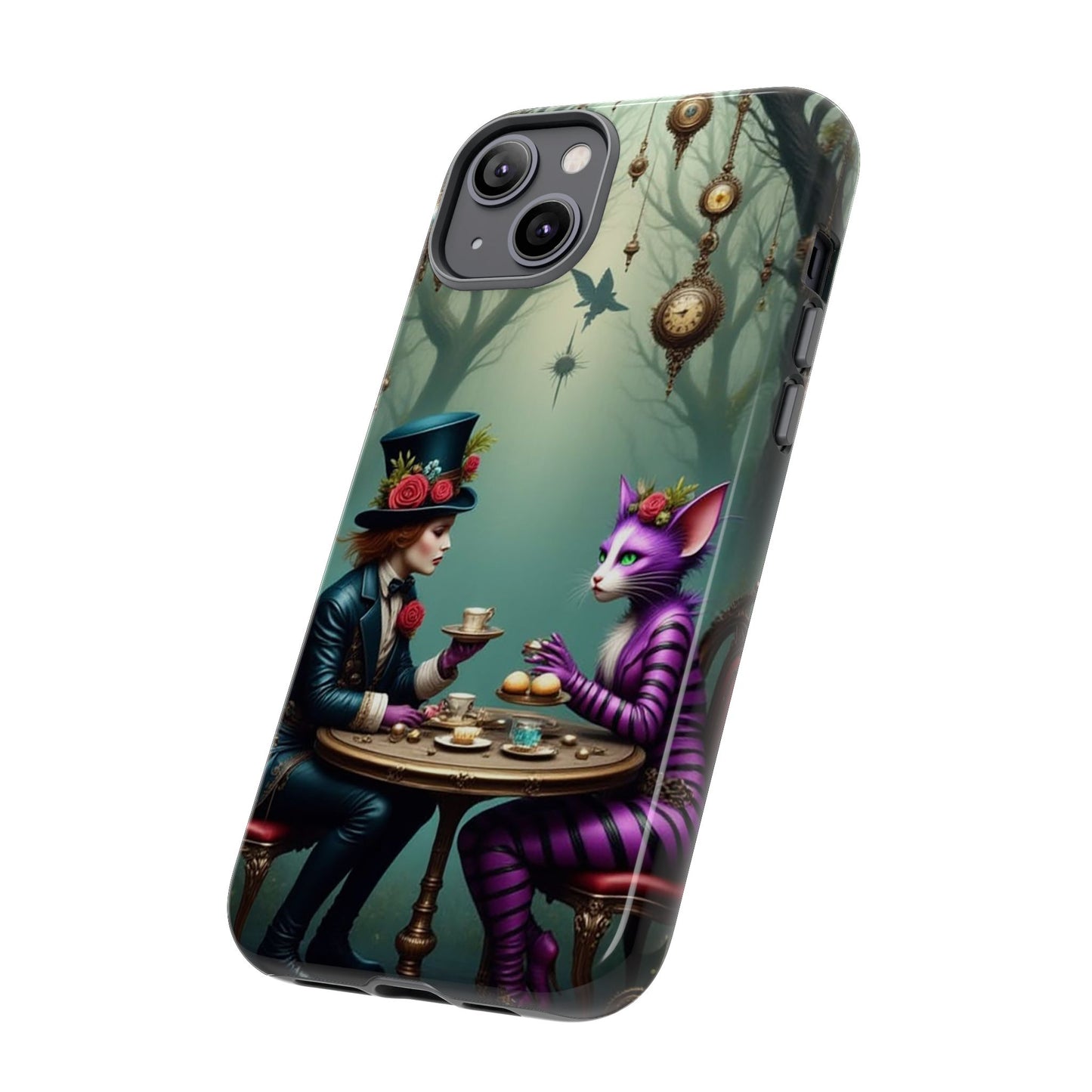 Whimsical Phone Case with Cat and Mad Hatter Design, Perfect for Gifting, Fantasy Lovers, Tea Party Theme, Tough Cases