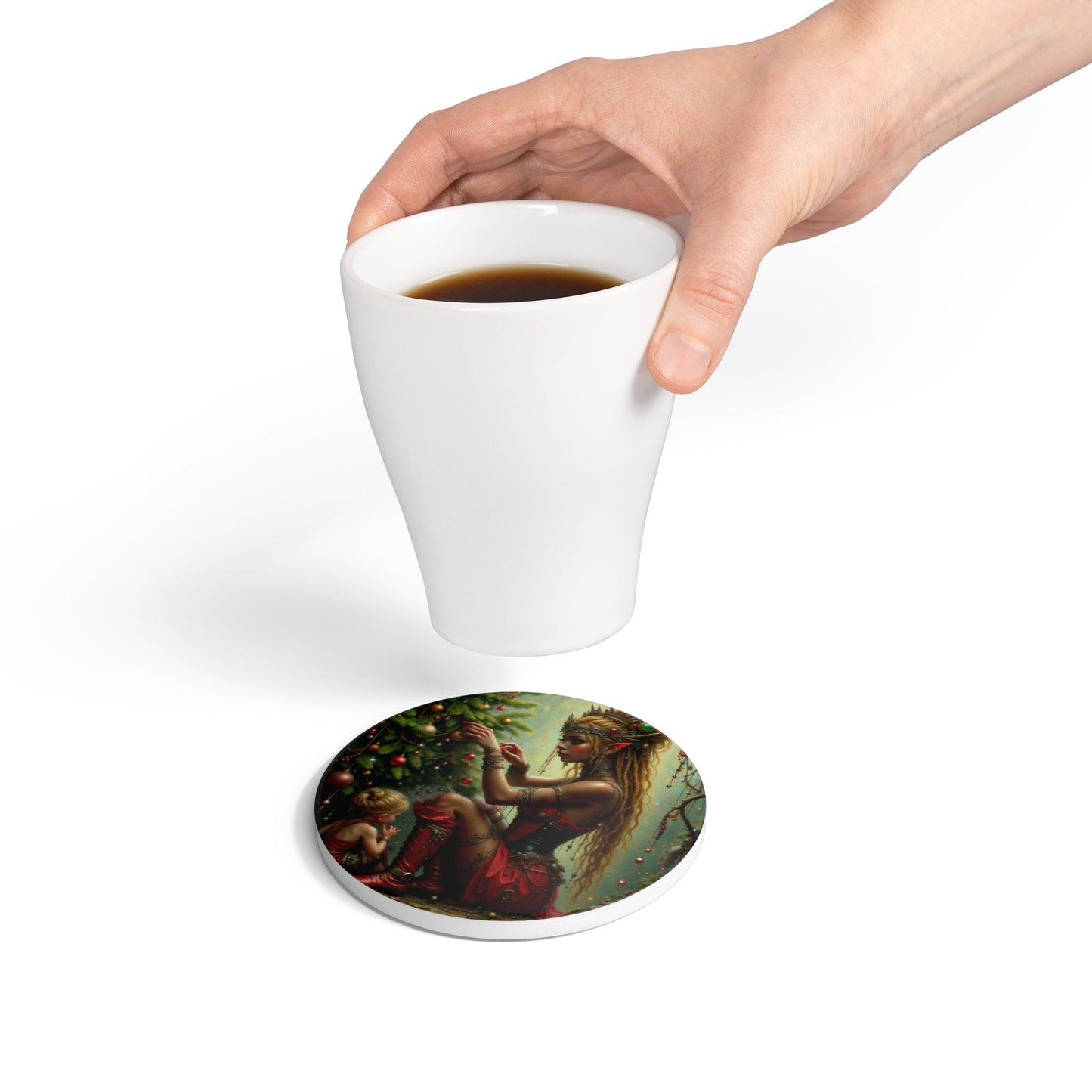 Enchanting Fairy Christmas Ceramic Coaster, Holiday Decor, Unique Gift, Home Barware, Yuletide Cheer, Elf Theme
