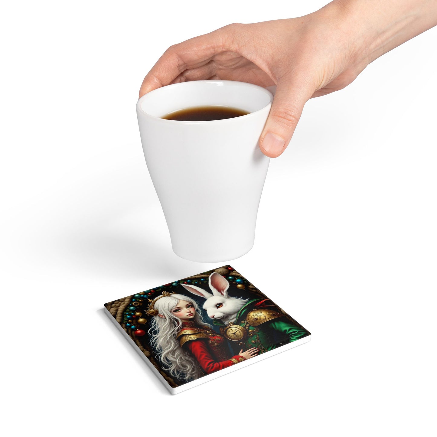 Whimsical Rabbit & Princess Ceramic Coaster Set, Fantasy Decor, Home Barware, Gift for Animal Lovers, Kitchen Accessories, Holiday Decor