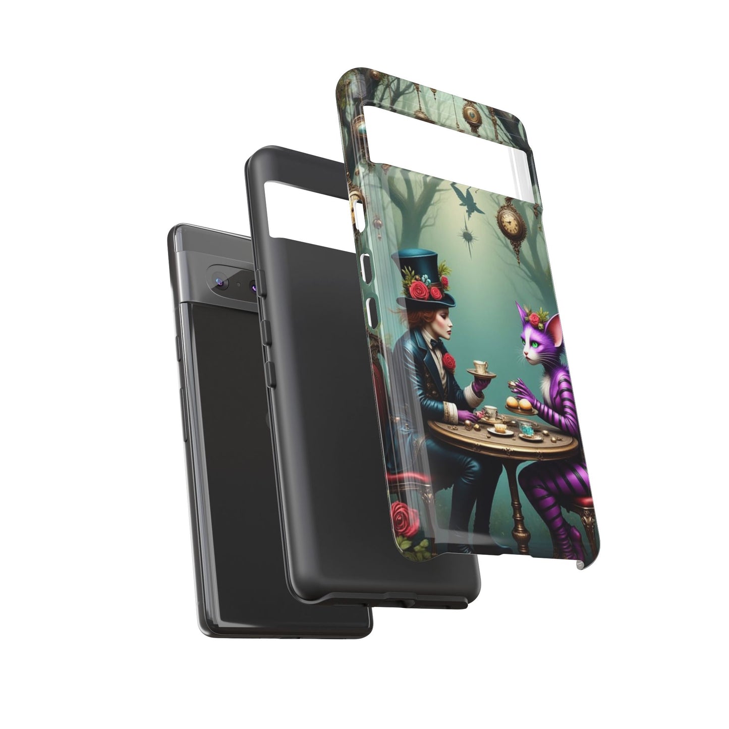 Whimsical Phone Case with Cat and Mad Hatter Design, Perfect for Gifting, Fantasy Lovers, Tea Party Theme, Tough Cases