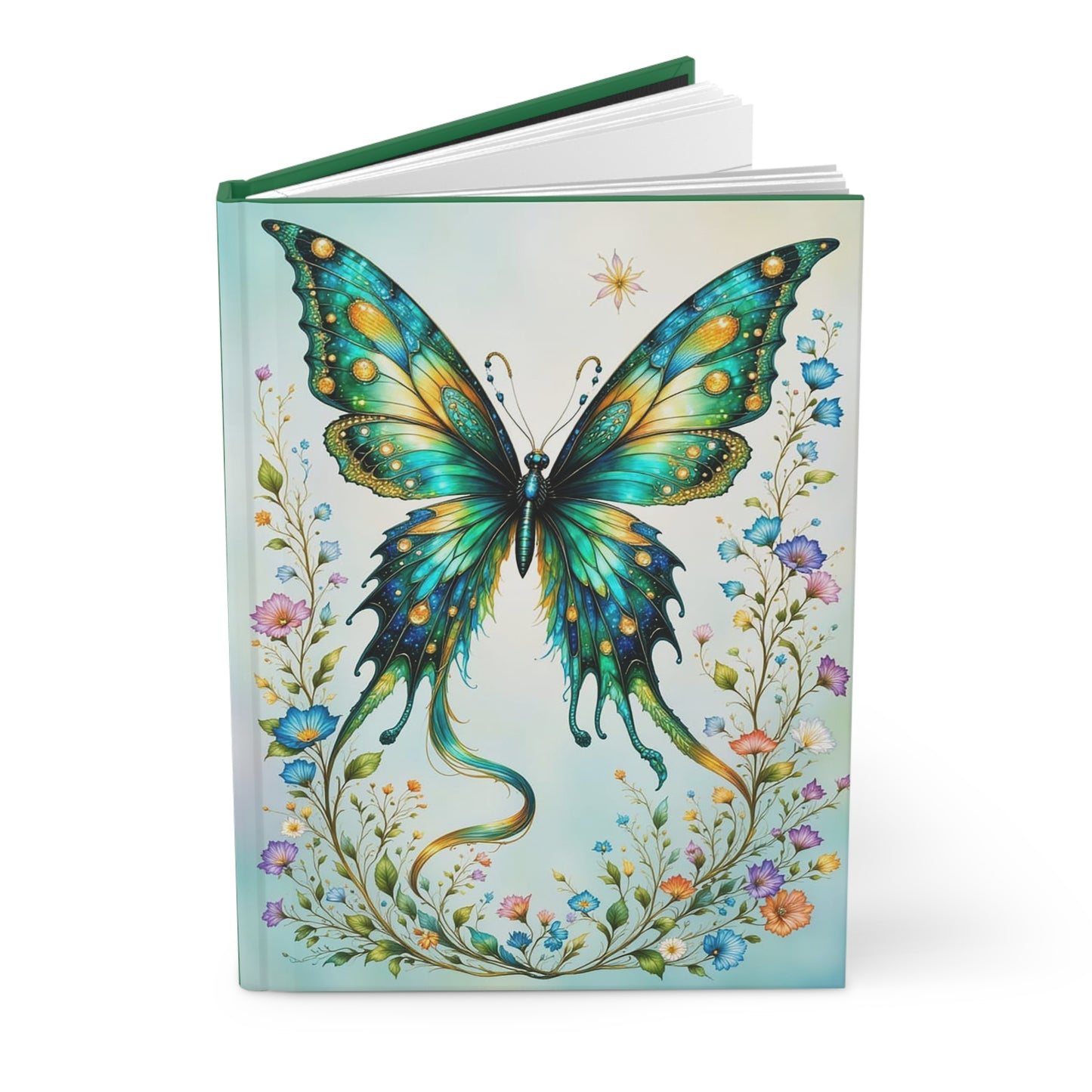Whimsical Butterfly Green Hardcover Journal, Artistic Journal, Eco-Friendly Notebook, Nature Lover Gift, Creative Writing Journal, Flower Decor