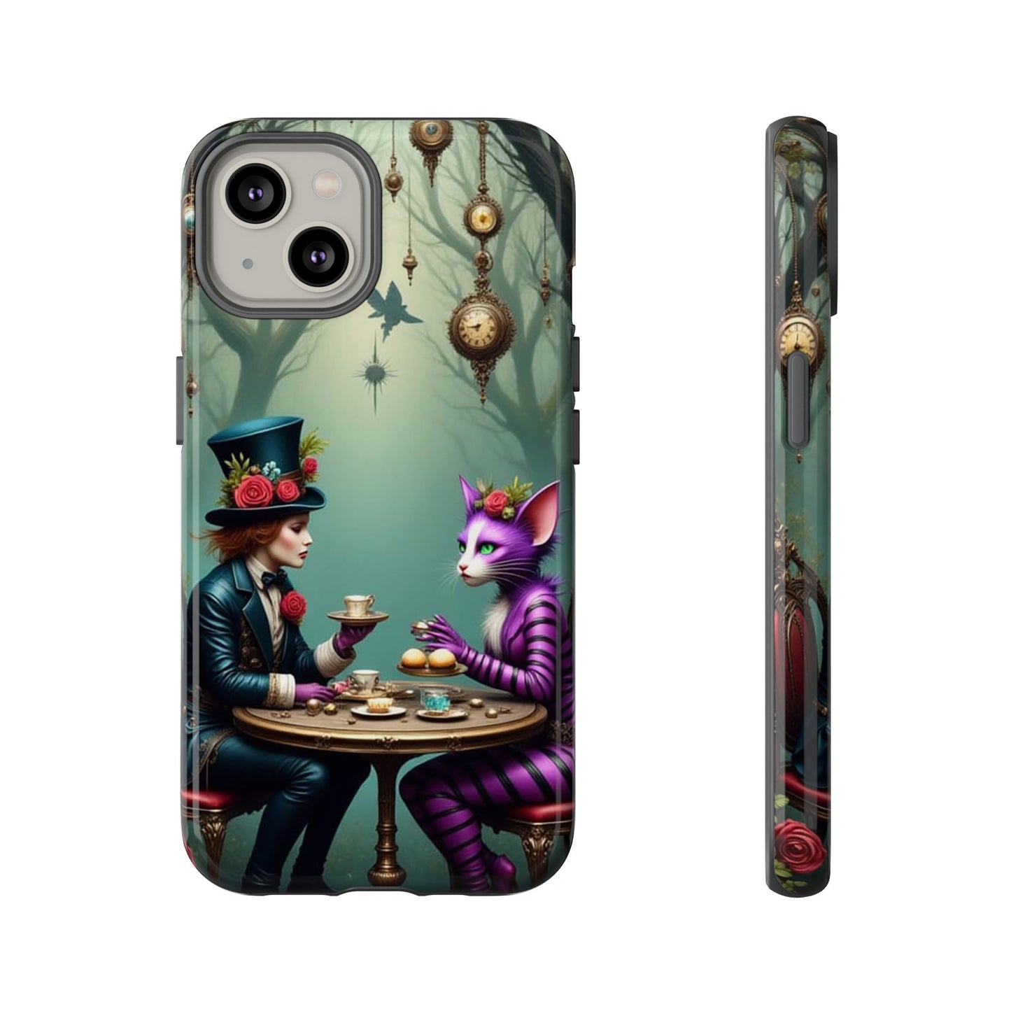 Whimsical Phone Case with Cat and Mad Hatter Design, Perfect for Gifting, Fantasy Lovers, Tea Party Theme, Tough Cases