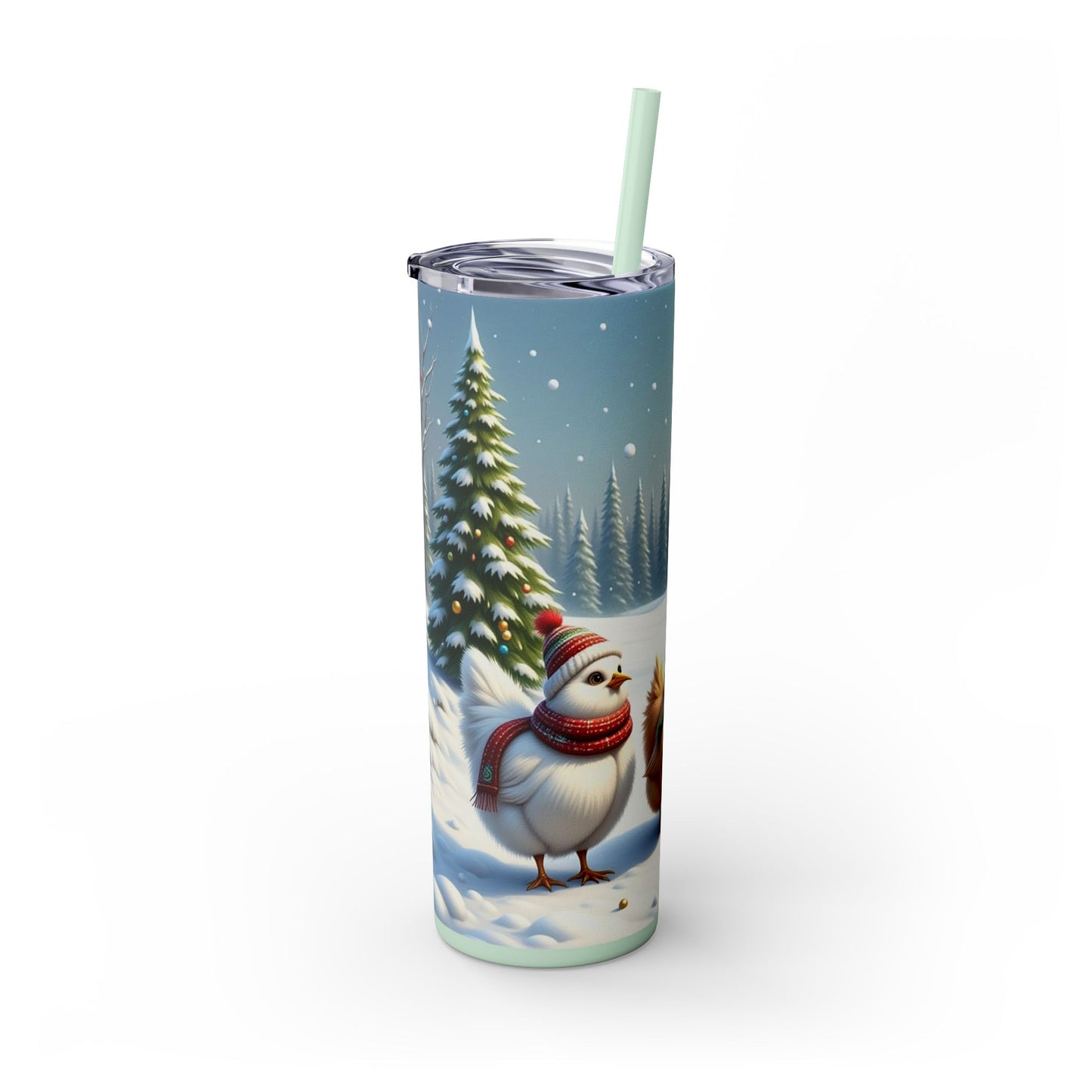 Winter Wonderland Skinny Tumbler with Straw, 20oz - Snowy Birds Design, Unique Holiday Gift, Christmas Chickens rinkware, Festive Travel Mug