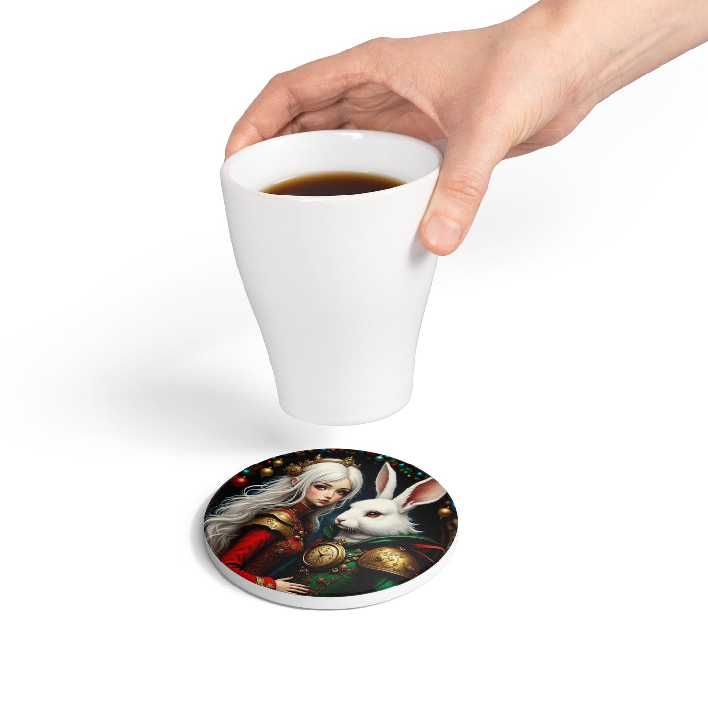 Whimsical Rabbit & Princess Ceramic Coaster Set, Fantasy Decor, Home Barware, Gift for Animal Lovers, Kitchen Accessories, Holiday Decor