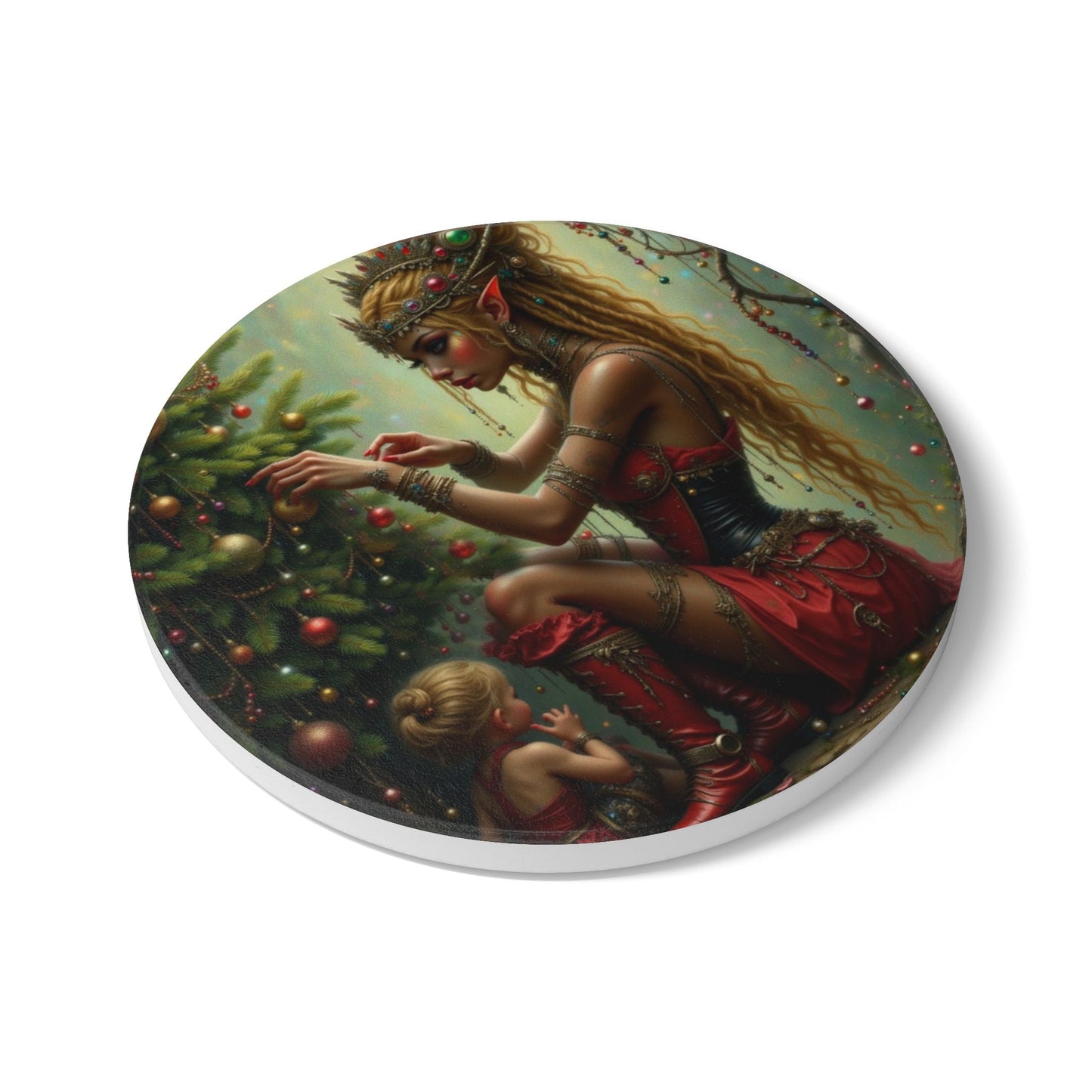 Enchanting Fairy Christmas Ceramic Coaster, Holiday Decor, Unique Gift, Home Barware, Yuletide Cheer, Elf Theme