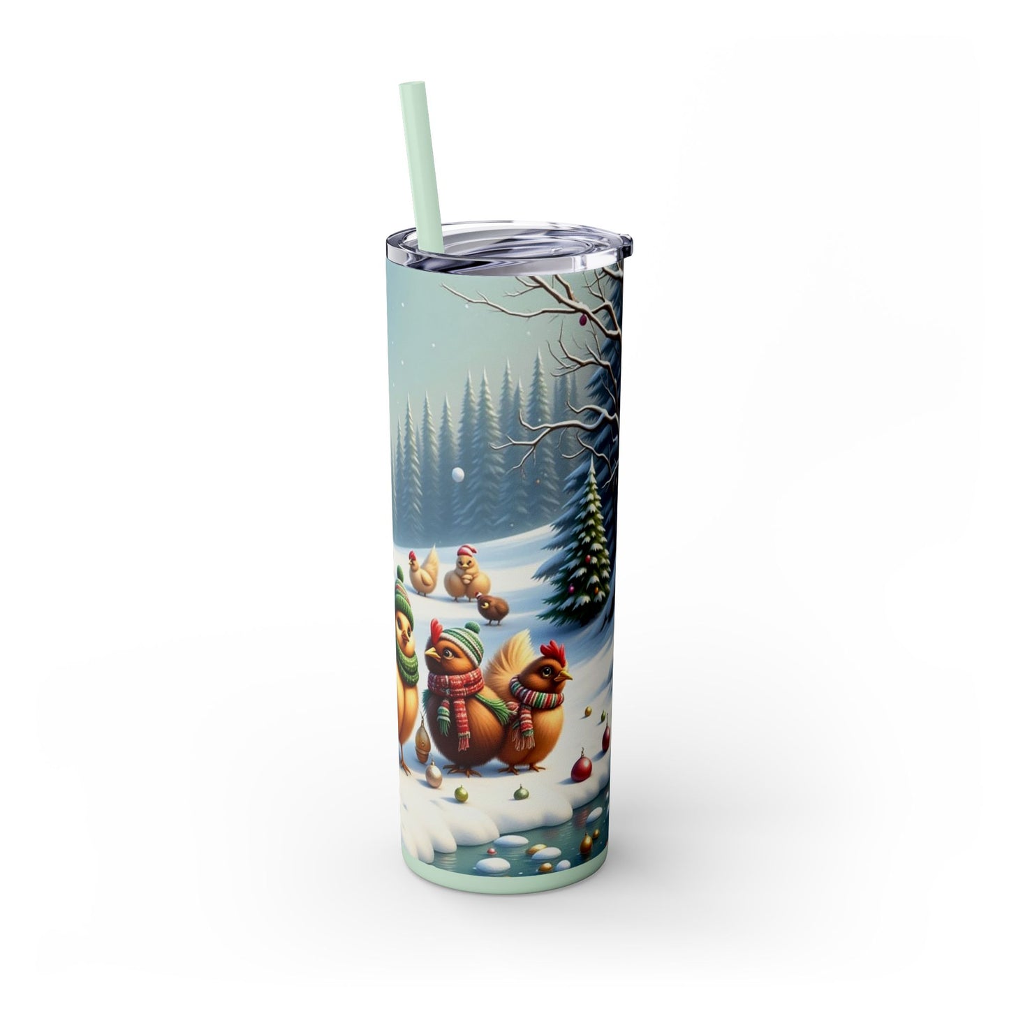 Winter Wonderland Skinny Tumbler with Straw, 20oz - Snowy Birds Design, Unique Holiday Gift, Christmas Chickens rinkware, Festive Travel Mug
