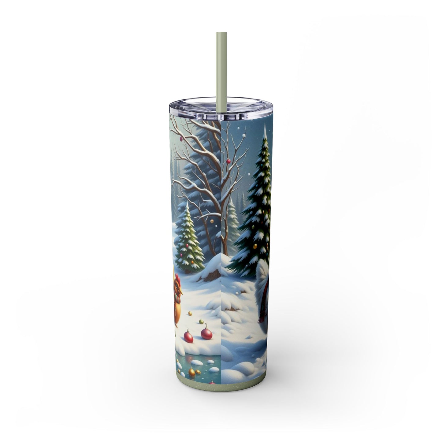 Winter Wonderland Skinny Tumbler with Straw, 20oz - Snowy Birds Design, Unique Holiday Gift, Christmas Chickens rinkware, Festive Travel Mug