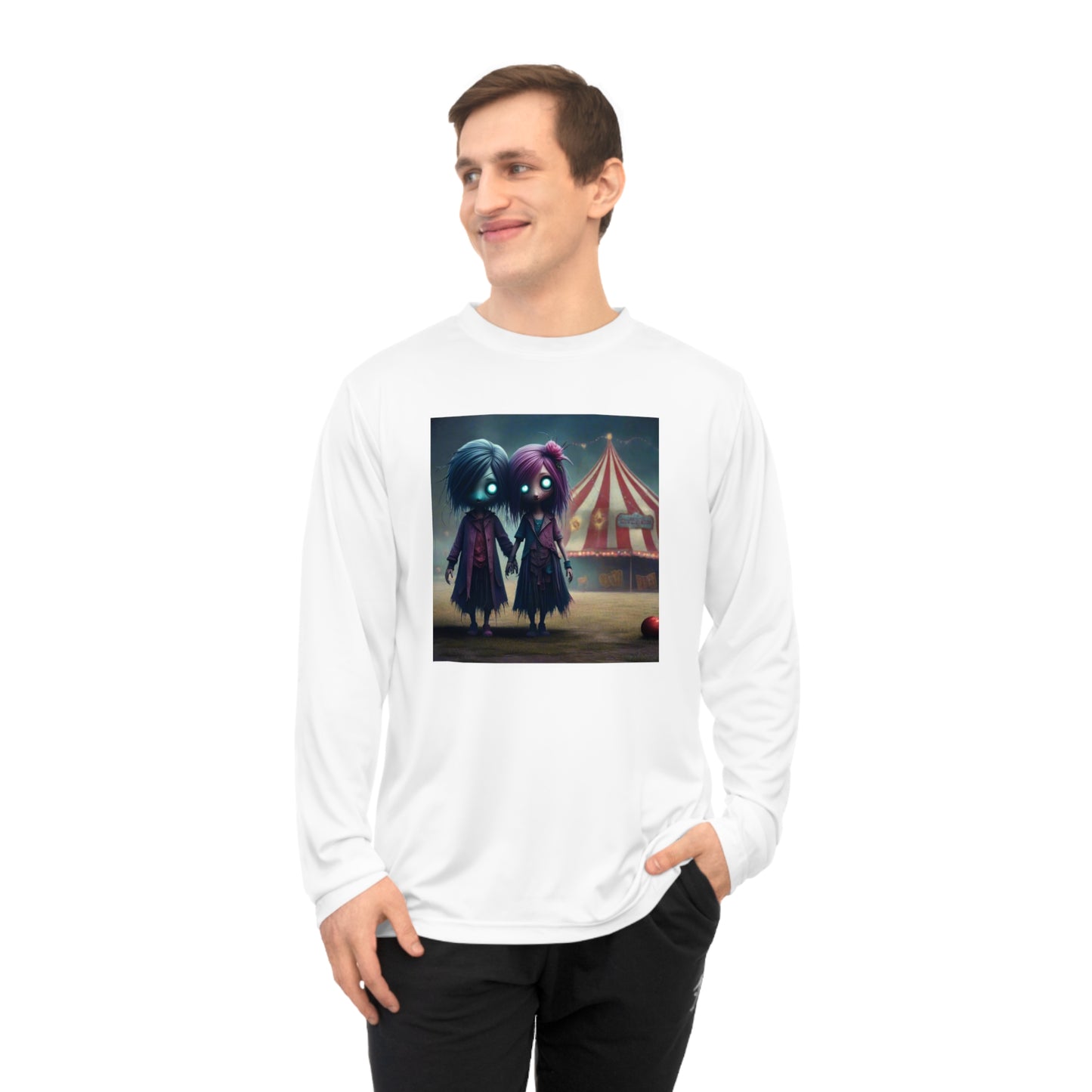 Eerie Circus Long Sleeve Performance Shirt, Unisex Athletic Wear, Spooky Costume Tee, Halloween Apparel, Unique Gift Idea