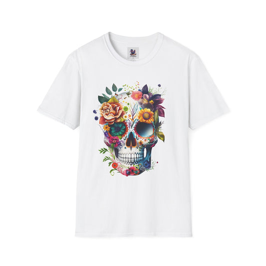 Colorful Sugar Skull with Flowers Art Unisex Softstyle T-Shirt, Colorful Tee, Cute Graphic Shirt