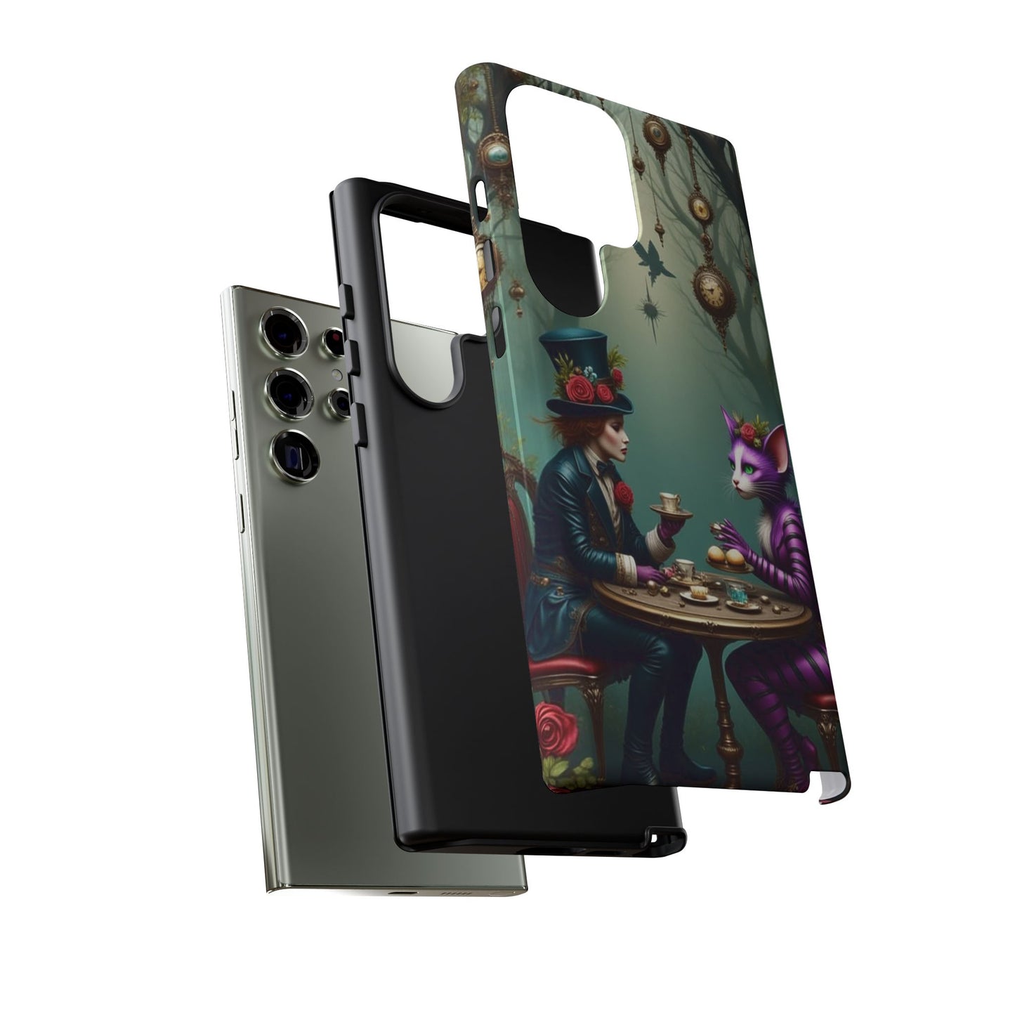 Whimsical Phone Case with Cat and Mad Hatter Design, Perfect for Gifting, Fantasy Lovers, Tea Party Theme, Tough Cases