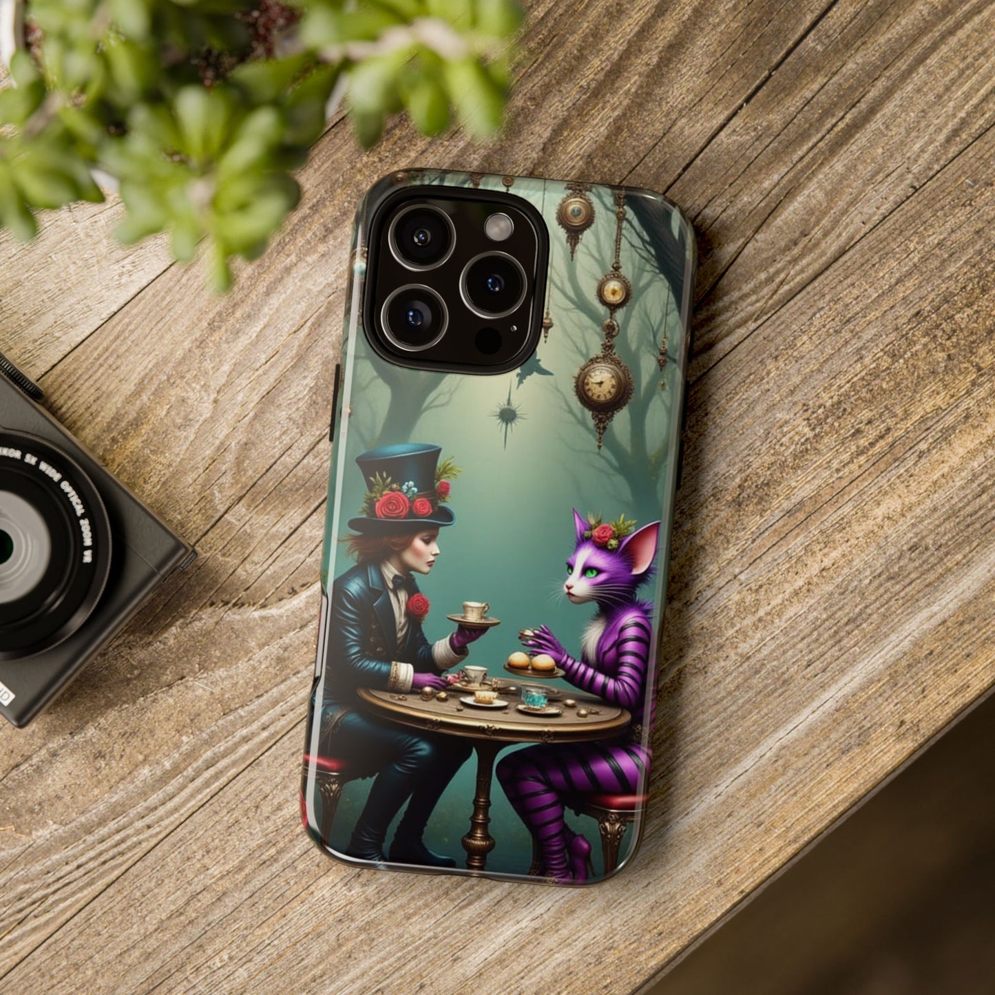 Whimsical Phone Case with Cat and Mad Hatter Design, Perfect for Gifting, Fantasy Lovers, Tea Party Theme, Tough Cases