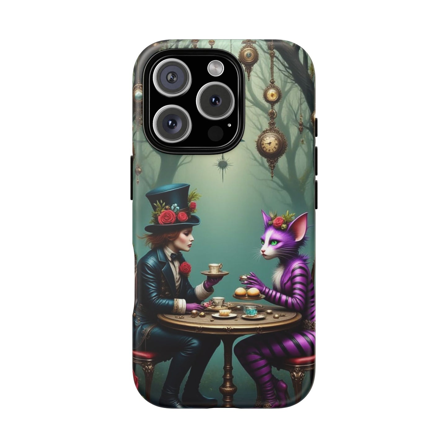 Whimsical Phone Case with Cat and Mad Hatter Design, Perfect for Gifting, Fantasy Lovers, Tea Party Theme, Tough Cases