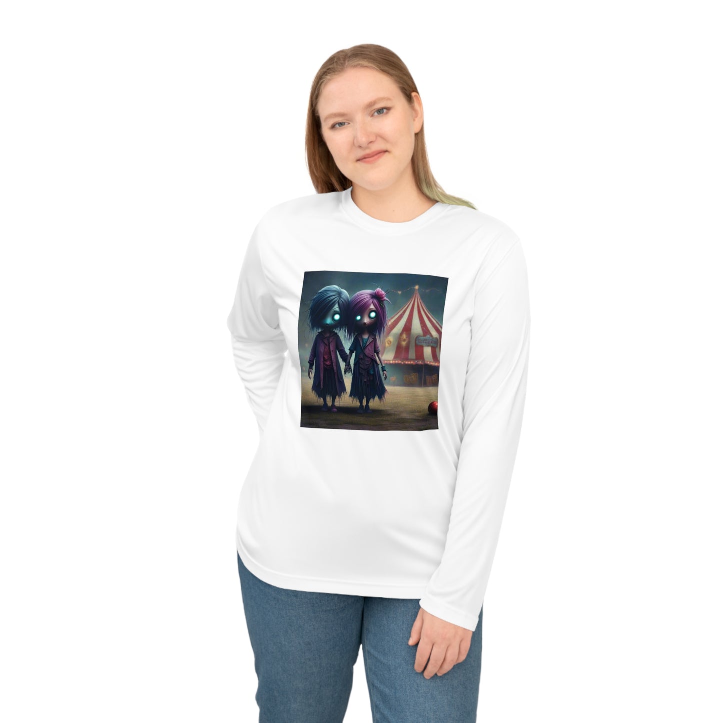 Eerie Circus Long Sleeve Performance Shirt, Unisex Athletic Wear, Spooky Costume Tee, Halloween Apparel, Unique Gift Idea