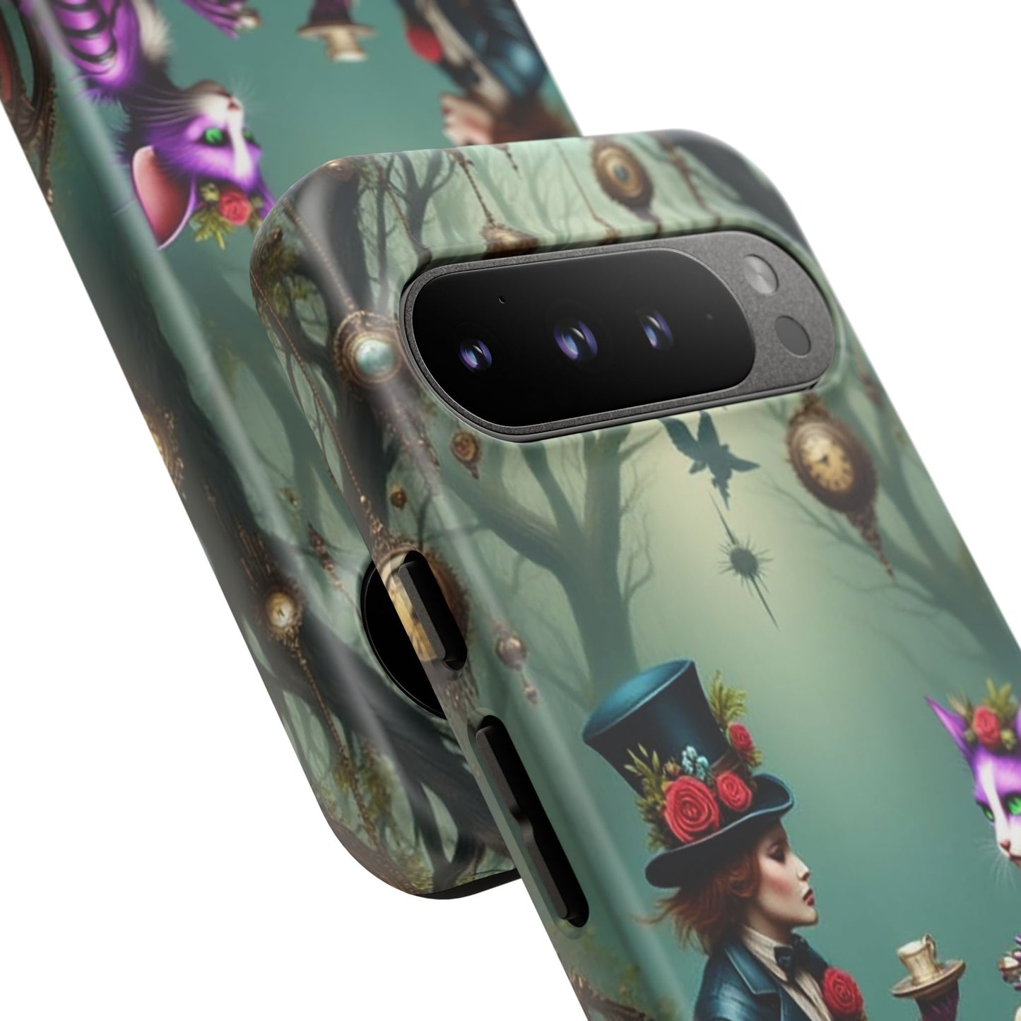 Whimsical Phone Case with Cat and Mad Hatter Design, Perfect for Gifting, Fantasy Lovers, Tea Party Theme, Tough Cases