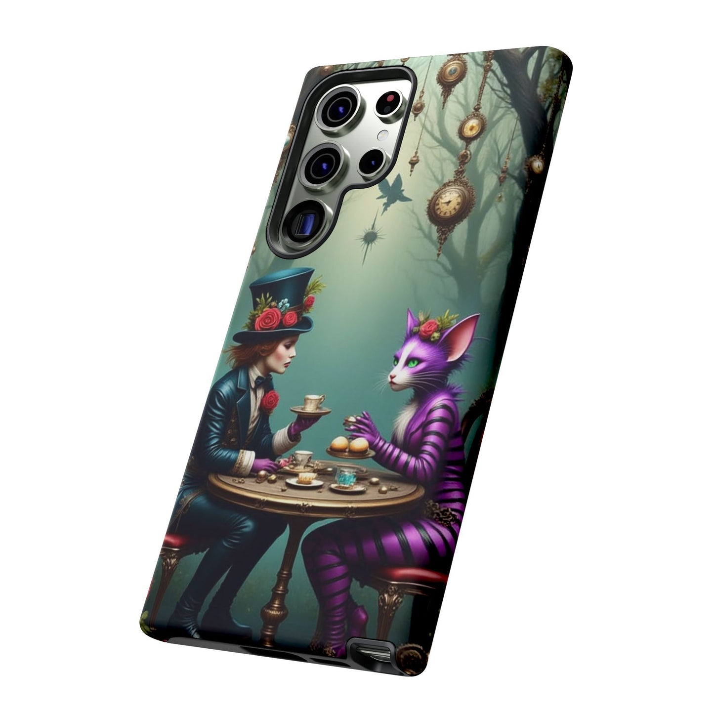 Whimsical Phone Case with Cat and Mad Hatter Design, Perfect for Gifting, Fantasy Lovers, Tea Party Theme, Tough Cases