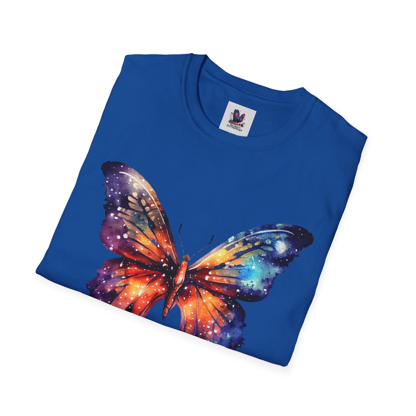Colorful Space Butterfly Art Unisex Softstyle T-Shirt, Colorful Tee, Nature-Inspired Apparel, Cute Graphic Shirt