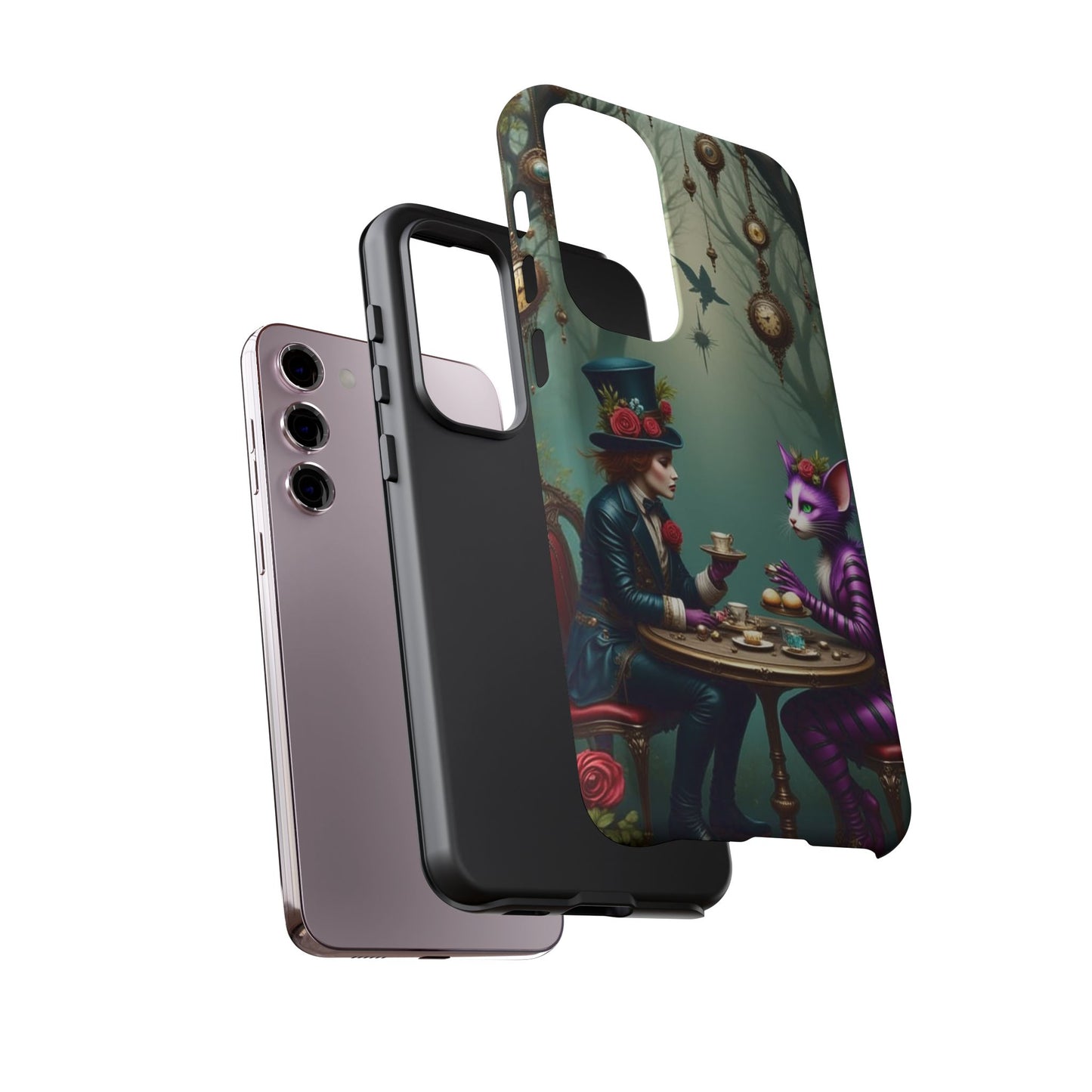 Whimsical Phone Case with Cat and Mad Hatter Design, Perfect for Gifting, Fantasy Lovers, Tea Party Theme, Tough Cases