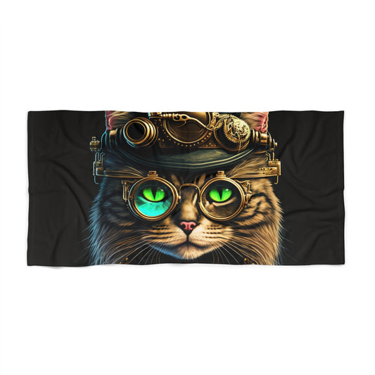 Steampunk Cat Beach Towel - Fun Cat Lover Gift, Summer Accessory, Poolside Relaxation, Beach Day Essential