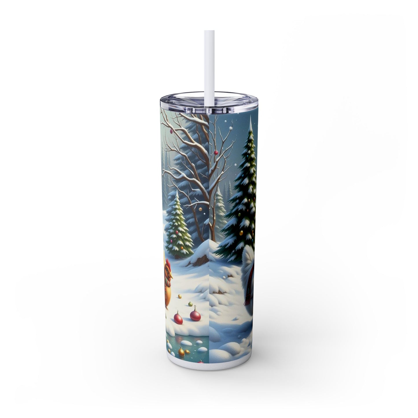 Winter Wonderland Skinny Tumbler with Straw, 20oz - Snowy Birds Design, Unique Holiday Gift, Christmas Chickens rinkware, Festive Travel Mug