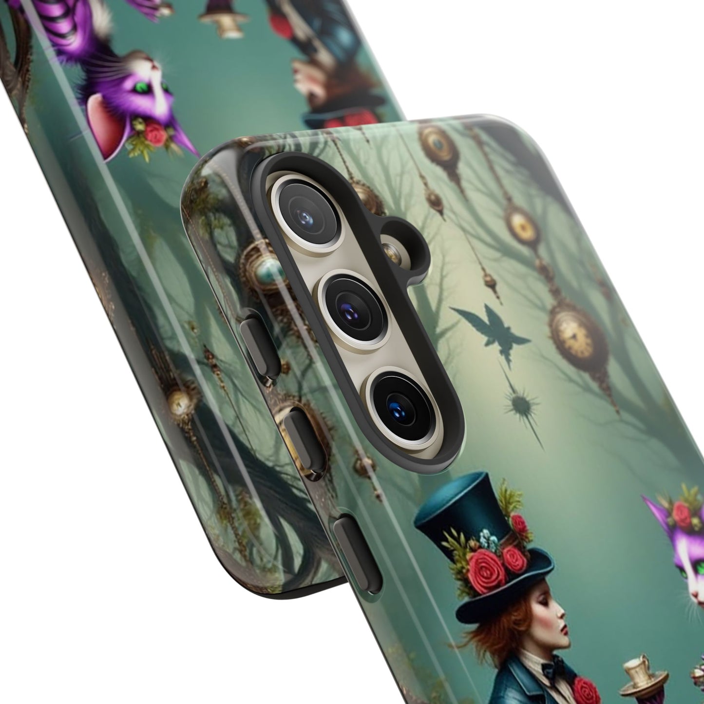 Whimsical Phone Case with Cat and Mad Hatter Design, Perfect for Gifting, Fantasy Lovers, Tea Party Theme, Tough Cases