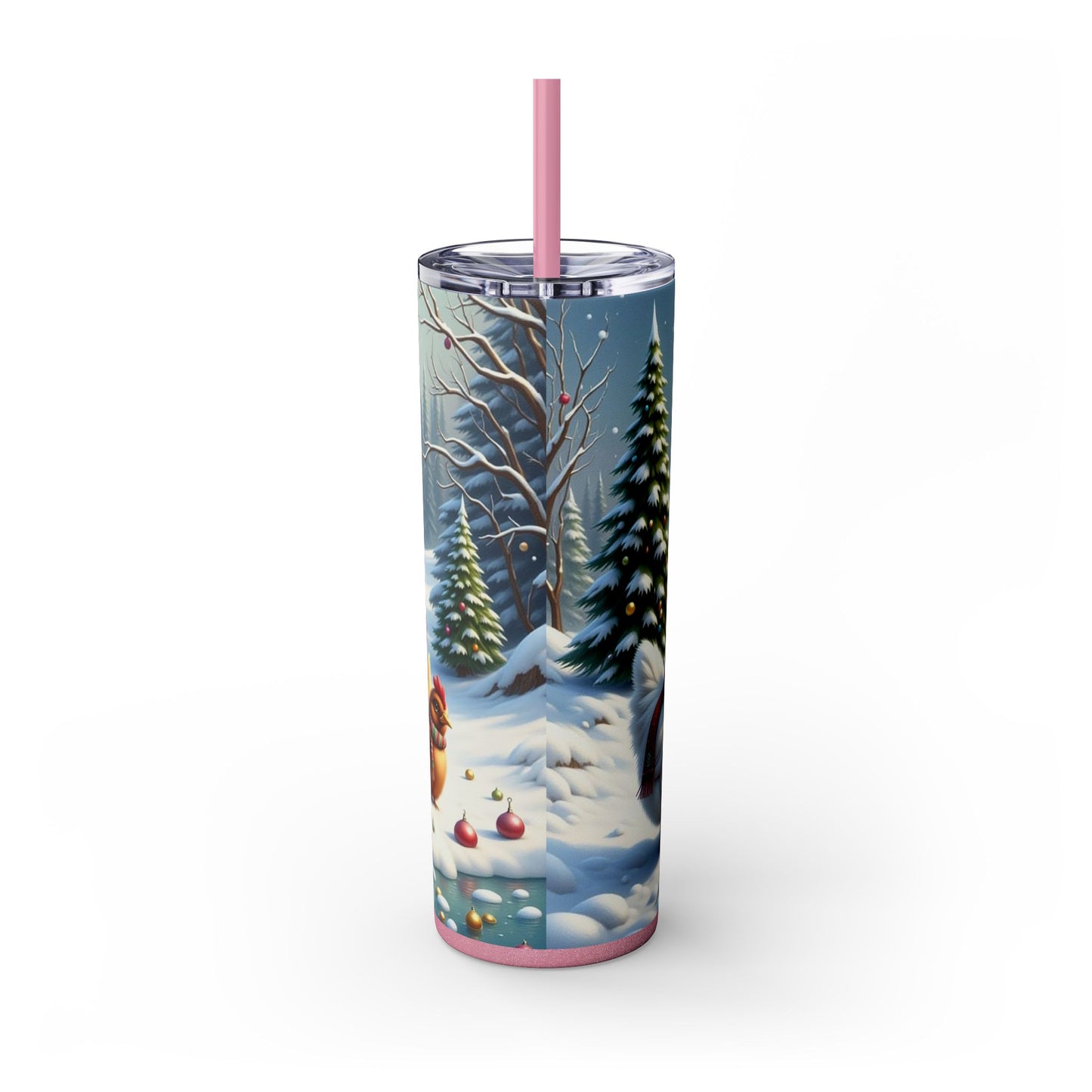 Winter Wonderland Skinny Tumbler with Straw, 20oz - Snowy Birds Design, Unique Holiday Gift, Christmas Chickens rinkware, Festive Travel Mug