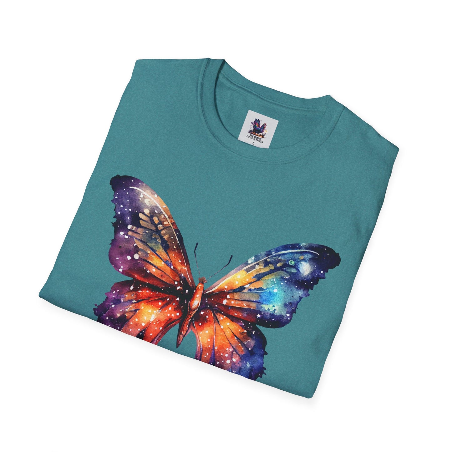 Colorful Space Butterfly Art Unisex Softstyle T-Shirt, Colorful Tee, Nature-Inspired Apparel, Cute Graphic Shirt