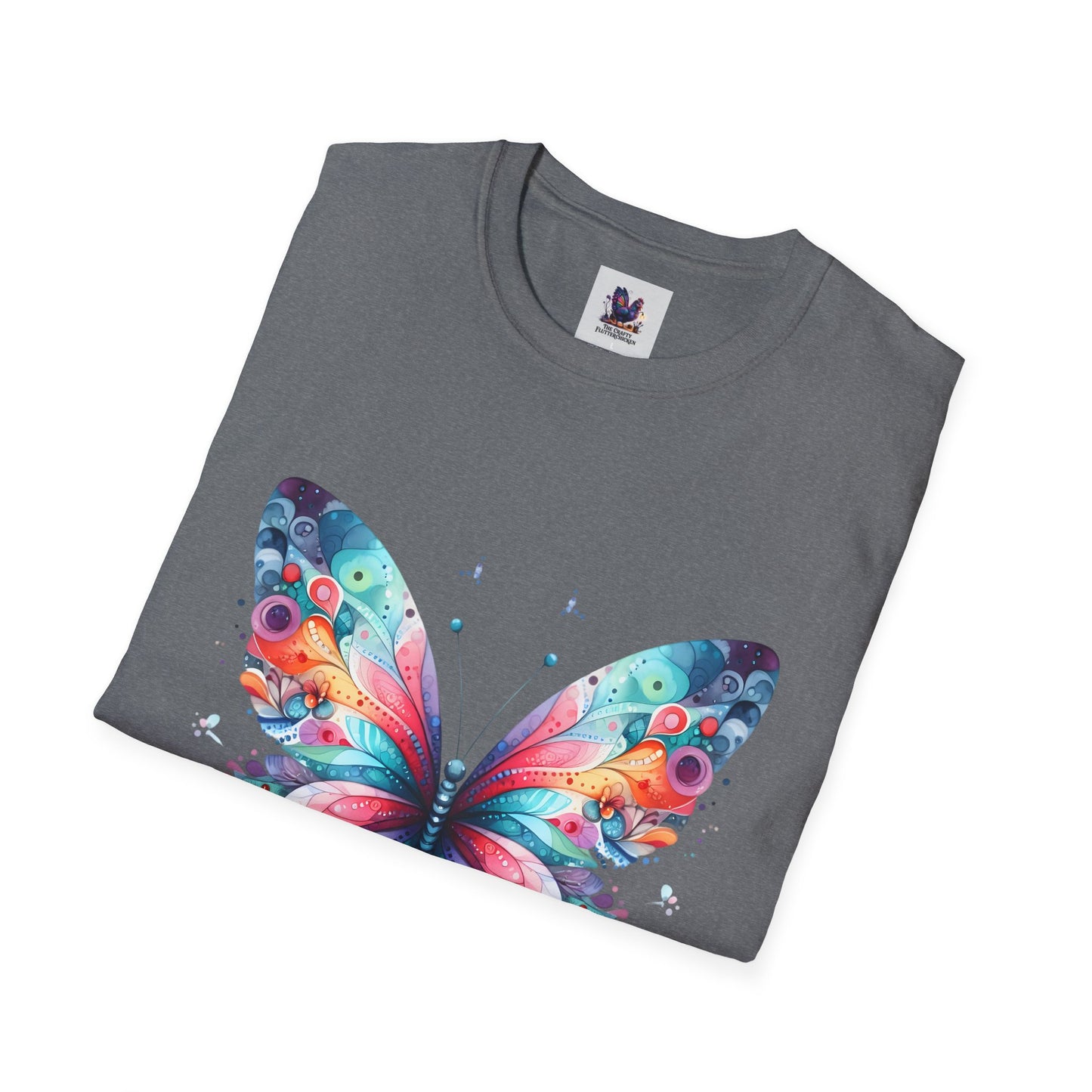 Colorful Butterfly Art Unisex Softstyle T-Shirt, Colorful Tee, Nature-Inspired Apparel, Cute Graphic Shirt