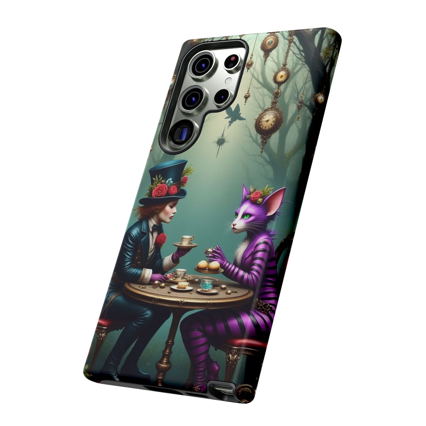 Whimsical Phone Case with Cat and Mad Hatter Design, Perfect for Gifting, Fantasy Lovers, Tea Party Theme, Tough Cases