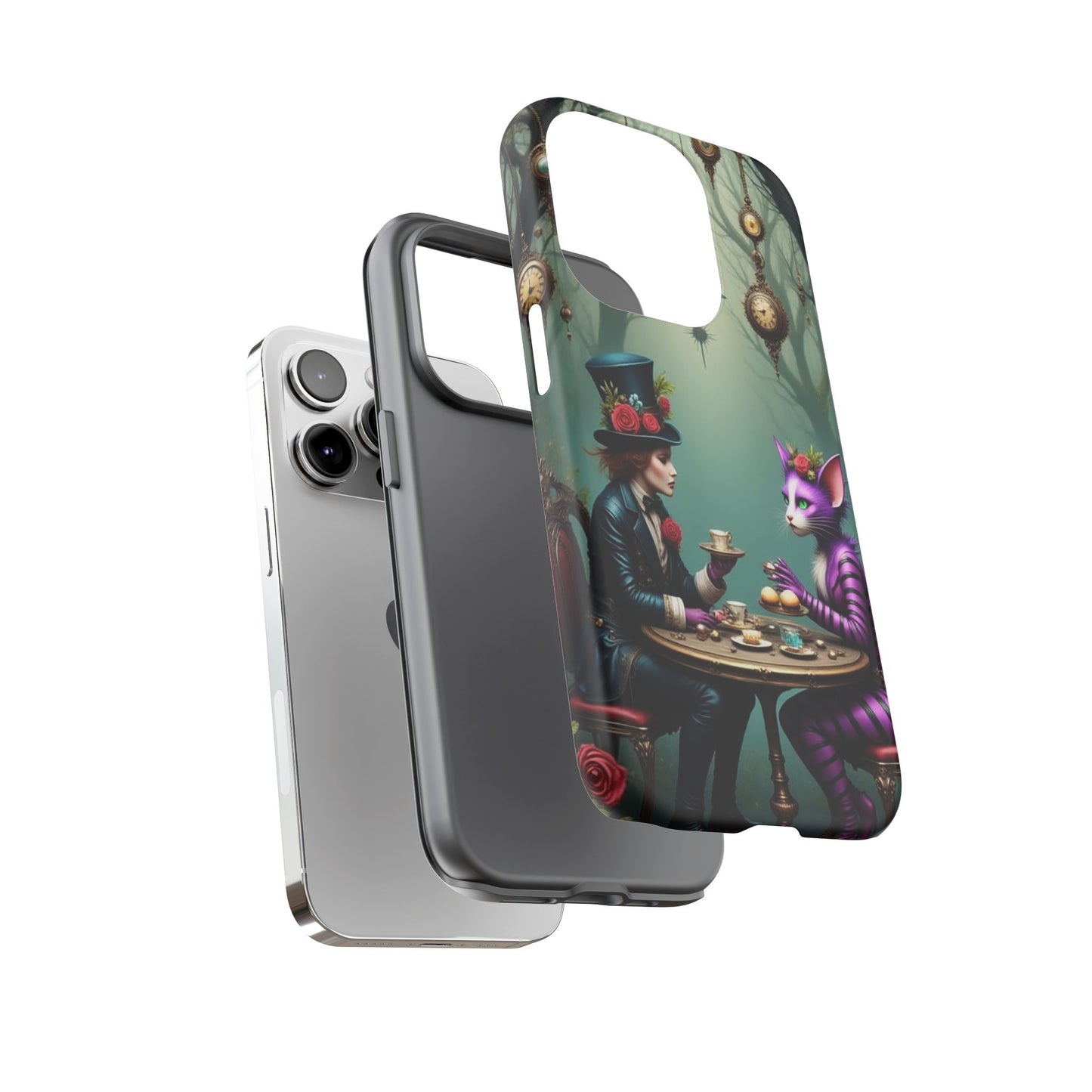 Whimsical Phone Case with Cat and Mad Hatter Design, Perfect for Gifting, Fantasy Lovers, Tea Party Theme, Tough Cases