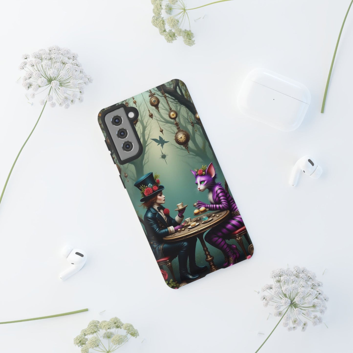Whimsical Phone Case with Cat and Mad Hatter Design, Perfect for Gifting, Fantasy Lovers, Tea Party Theme, Tough Cases