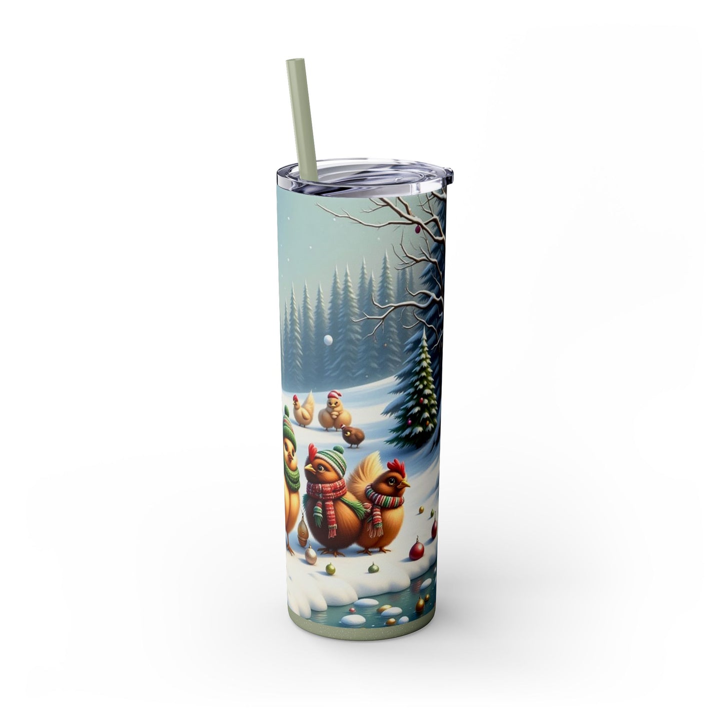 Winter Wonderland Skinny Tumbler with Straw, 20oz - Snowy Birds Design, Unique Holiday Gift, Christmas Chickens rinkware, Festive Travel Mug