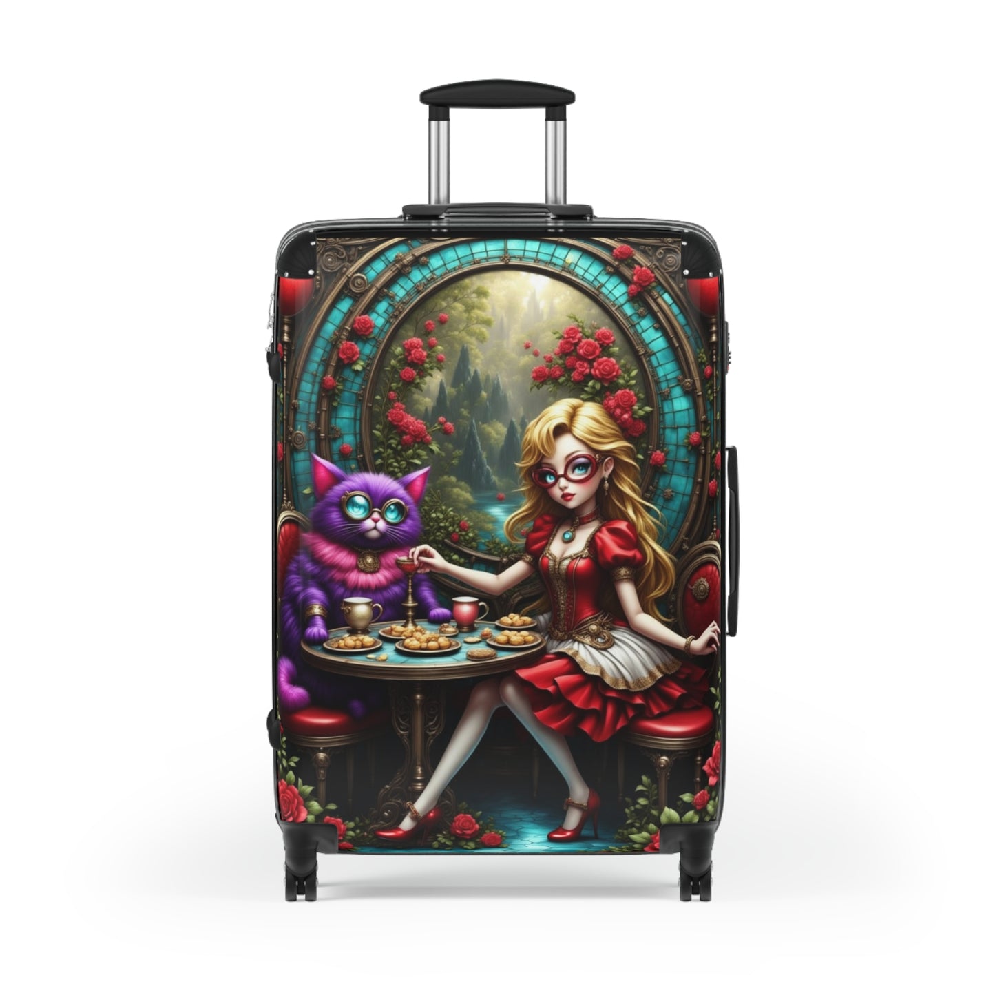 Alice in Wonderland Design, Whimsical Cat-Themed Suitcase, Carry-On Luggage, Travel Bag, Fun Vacation Accessory, Unique Gift Idea